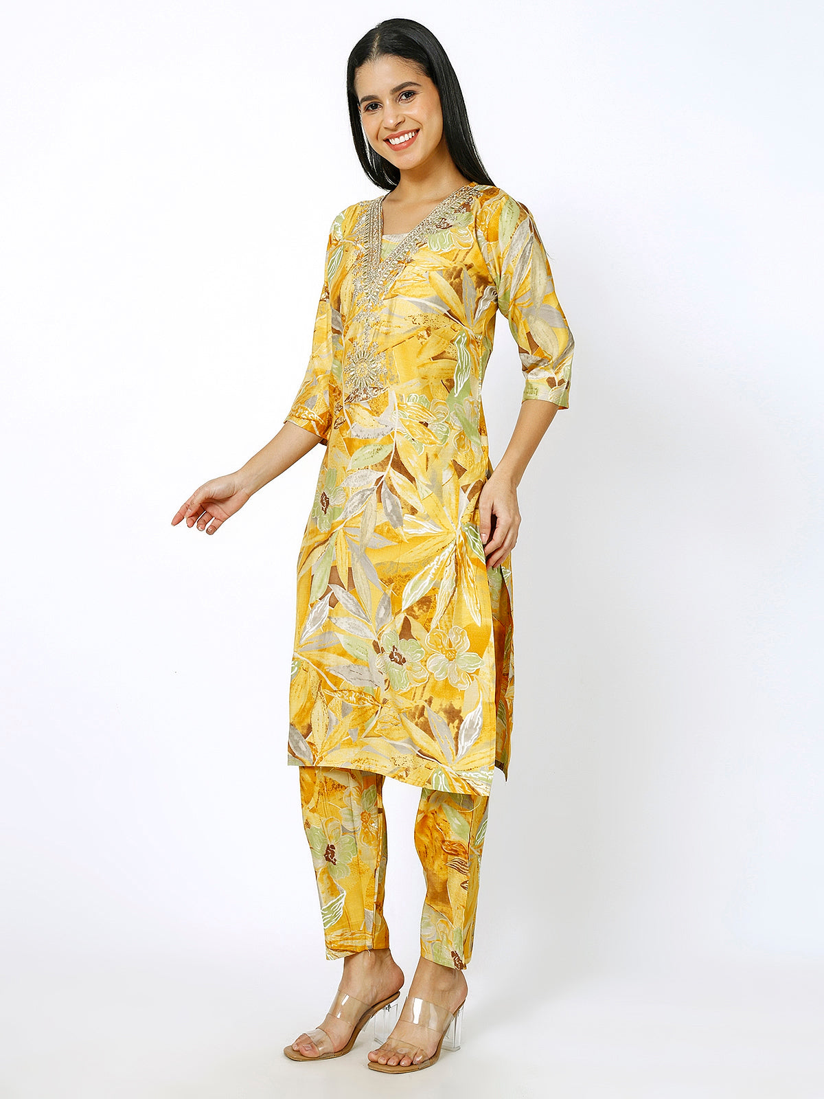 Women Embroidery Masleen Cotton Kurti Set Ethnic Printed Yellow Color (Plus Size Available)