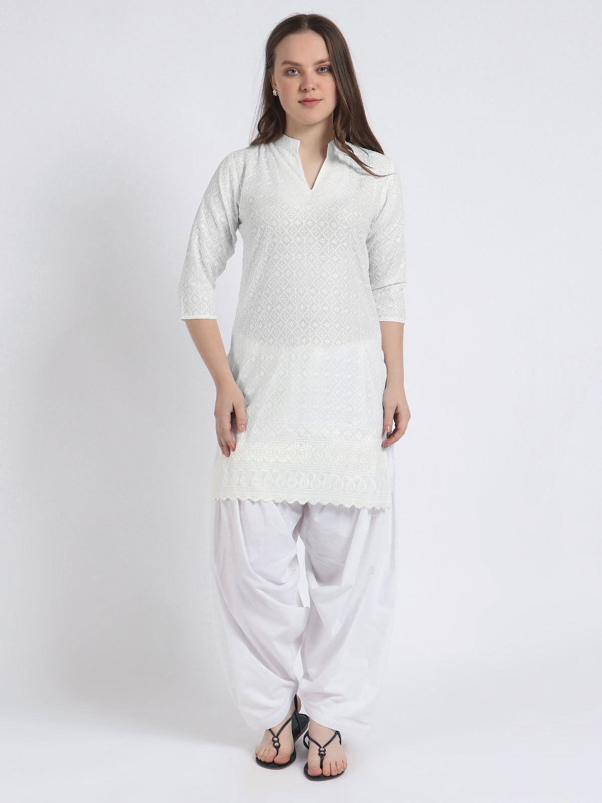 Women Chiken Embroidery Cotton White Kurta and Salwar Set XXXL