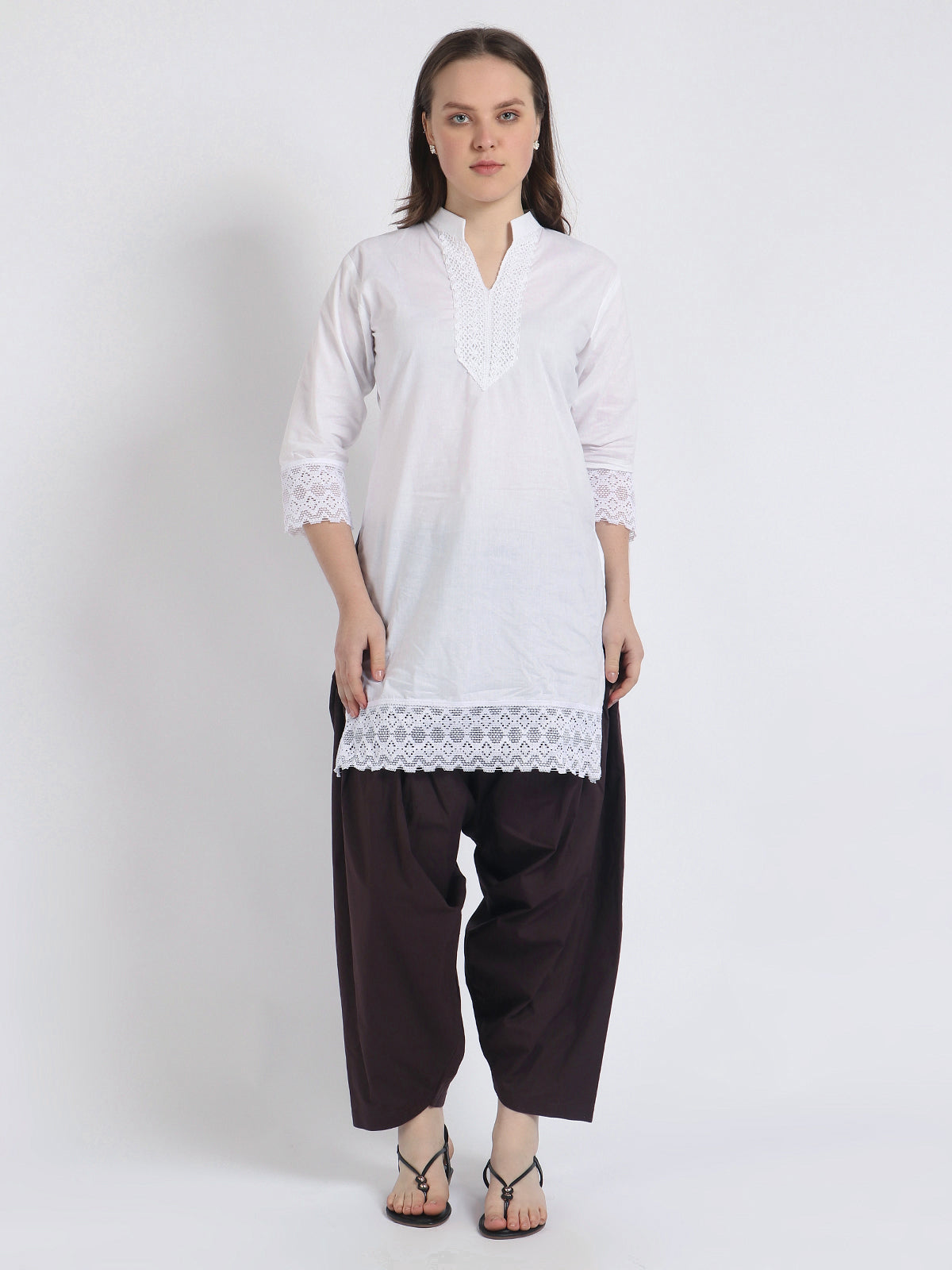 Women Solid White Kurta and Brown Salwar Set Pure Cotton XXXL
