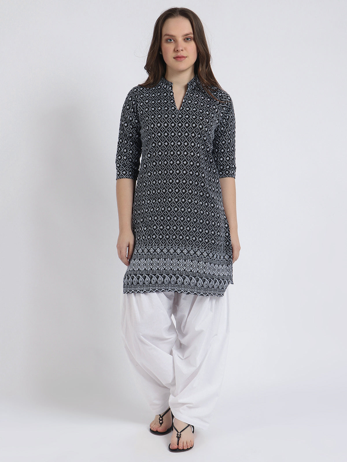 Women Chiken Embroidery Cotton Black Kurta and Salwar Set