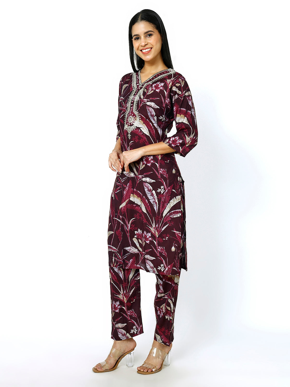 Women Embroidery Masleen Cotton Kurti Set Ethnic Printed Maroon Color (Plus Size Available)