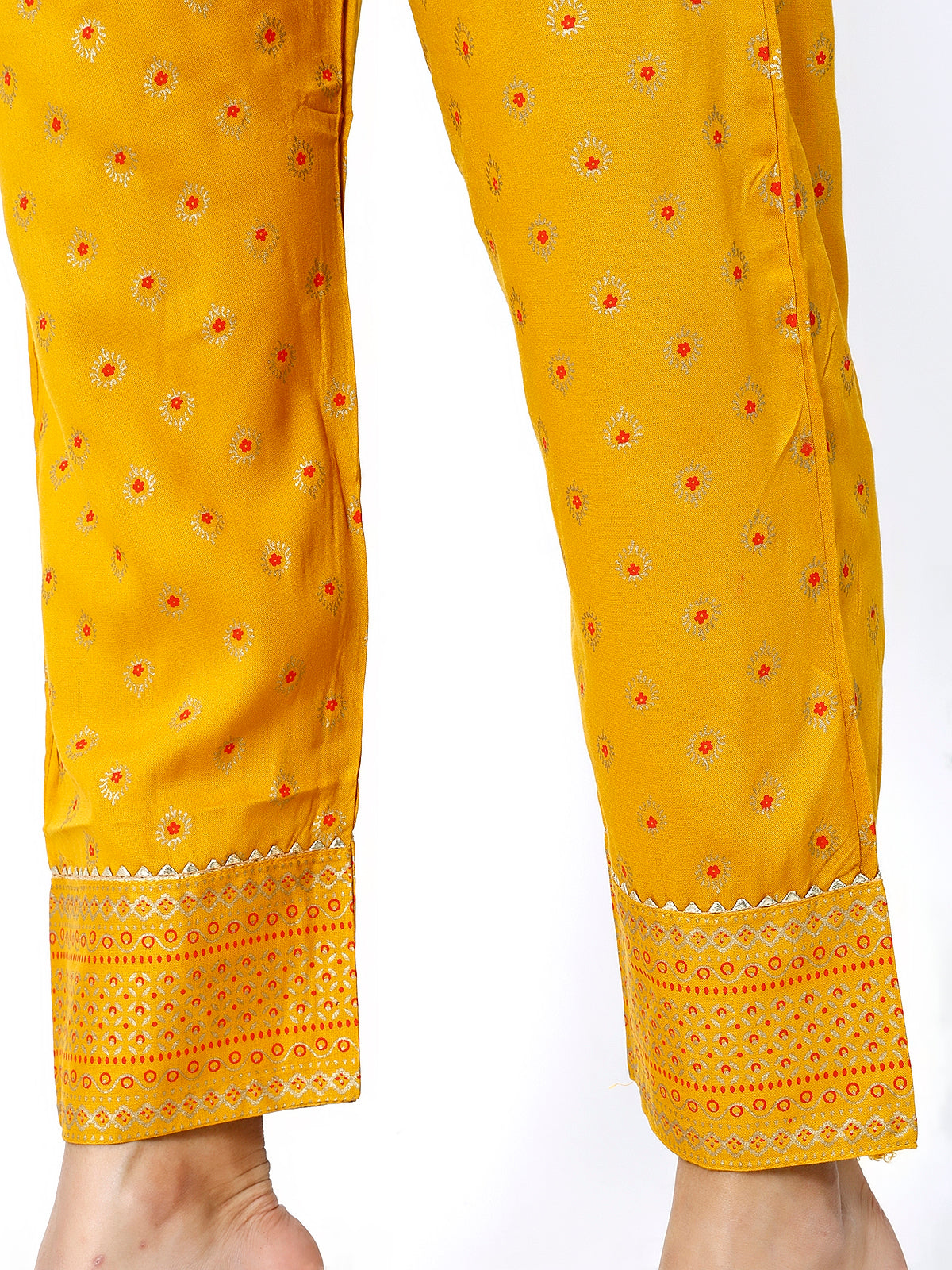 Women Mustard Floral Printed Round Neck Anarkali Kurta With Trousers & Dupatta (Plus Size Available)