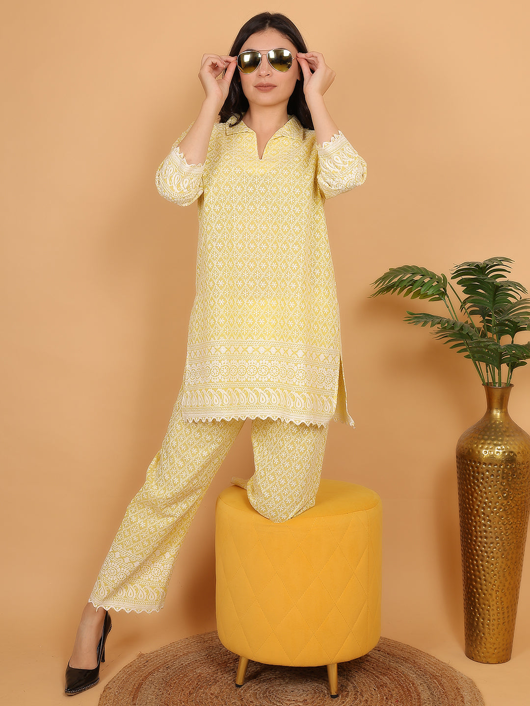 Trendzmy Yellow Ethnic Chikan Embroidery Cotton Coord Set