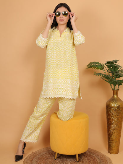 Trendzmy Yellow Ethnic Chikan Embroidery Cotton Coord Set