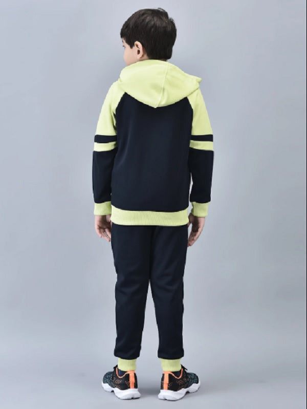 Shiv Naresh Boys Navy & Neon Green Colorblocked "Fearless" Hooded Tracksuit