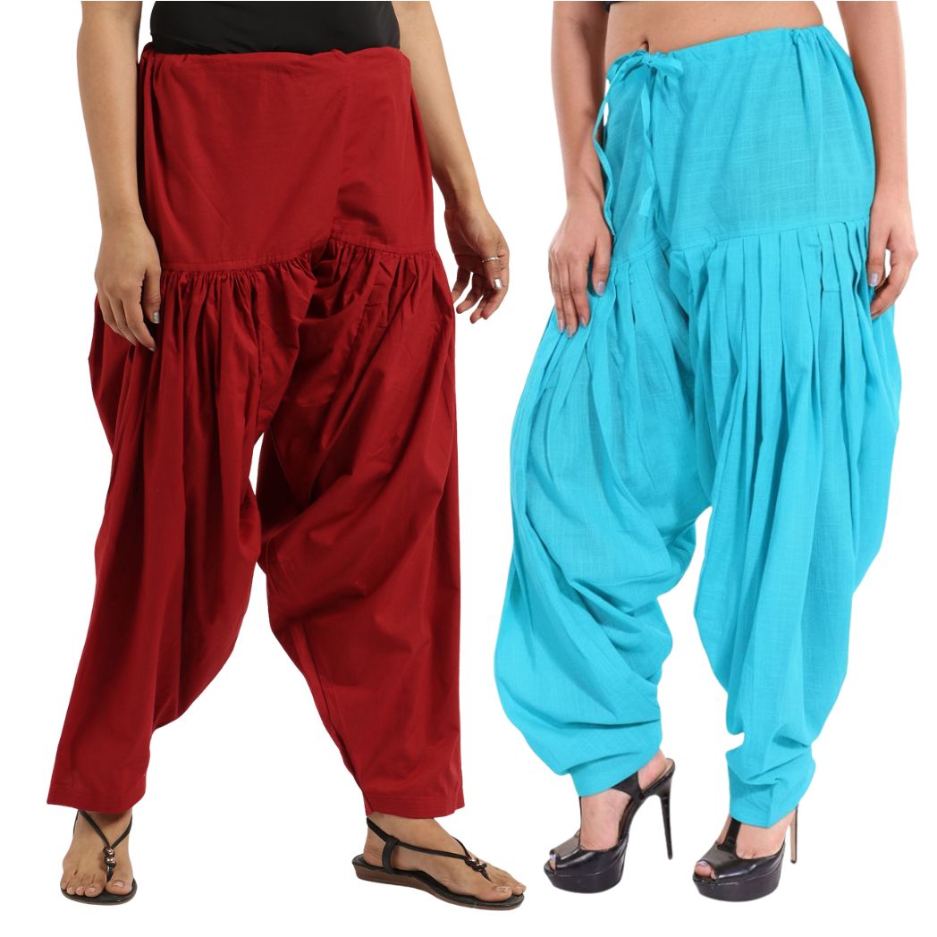 Women & Girl's Ethnic Premium Pleated Patiala Salwar in Maroon & Sky Blue-Pack of 2