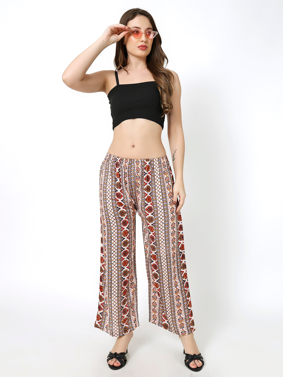 Rayon Pant White Multi Palazzo free size