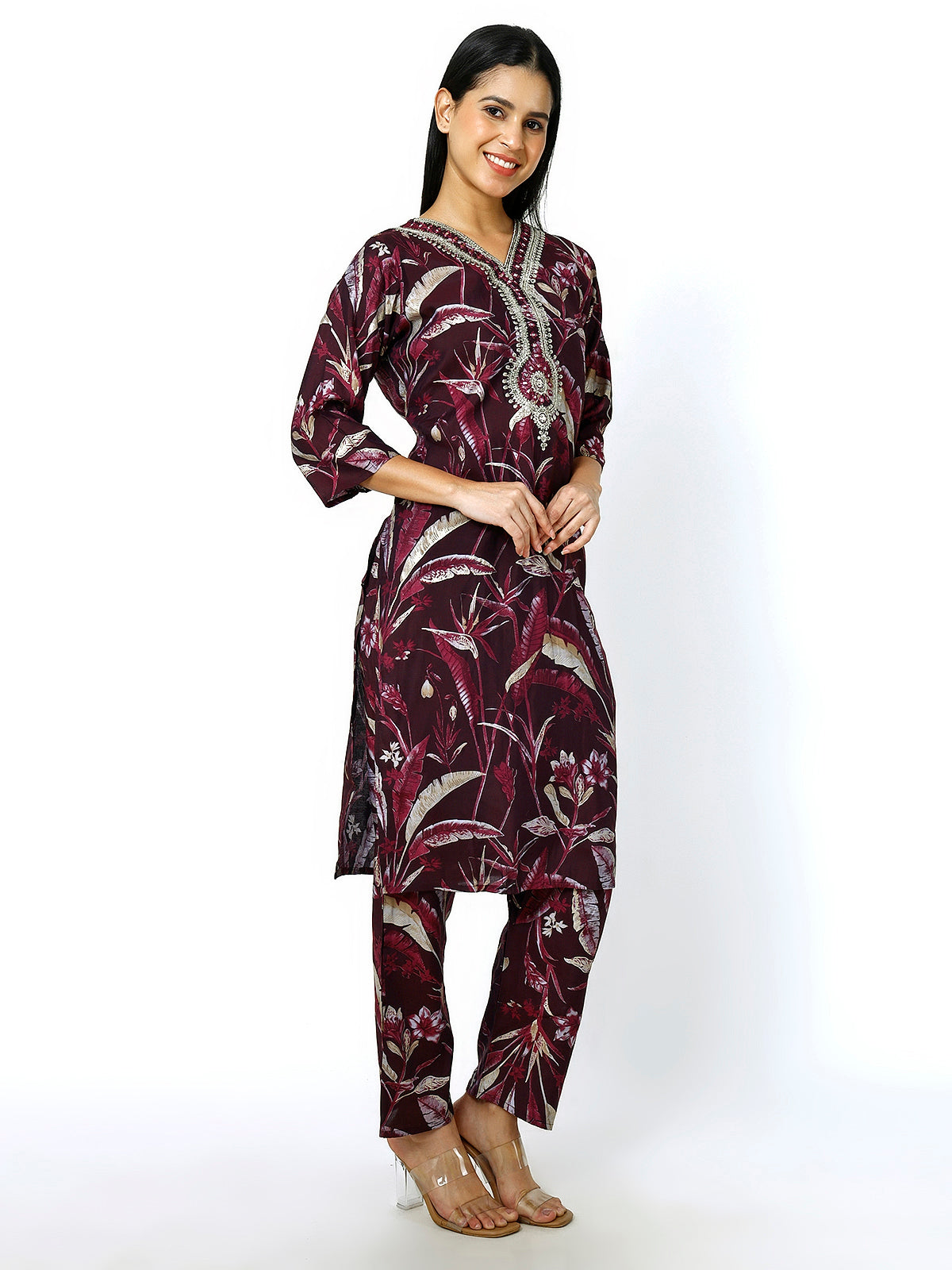 Women Embroidery Masleen Cotton Kurti Set Ethnic Printed Maroon Color (Plus Size Available)