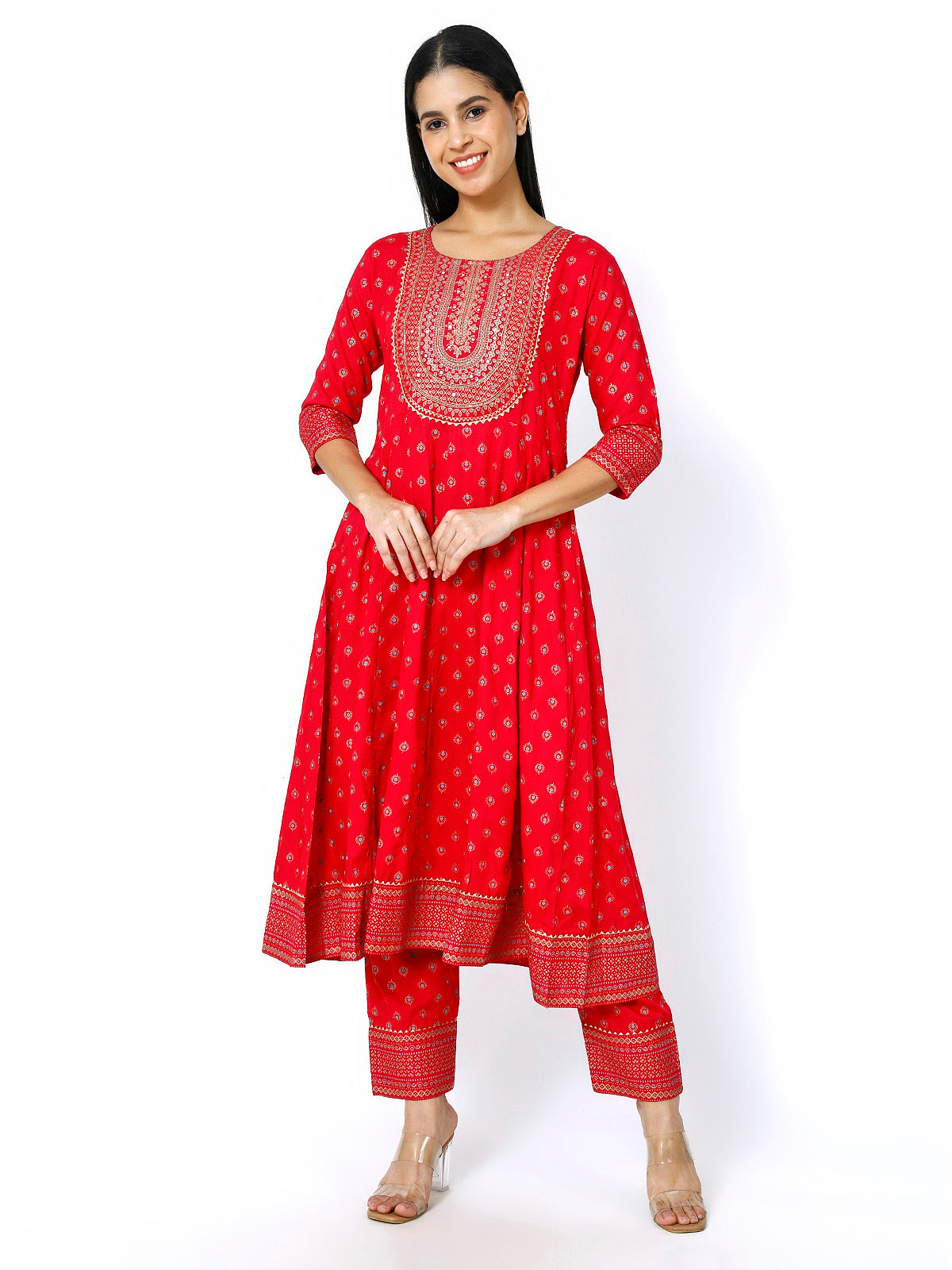 Women Red Floral Printed Round Neck Anarkali Kurta With Trousers & Dupatta (Plus Size Available)