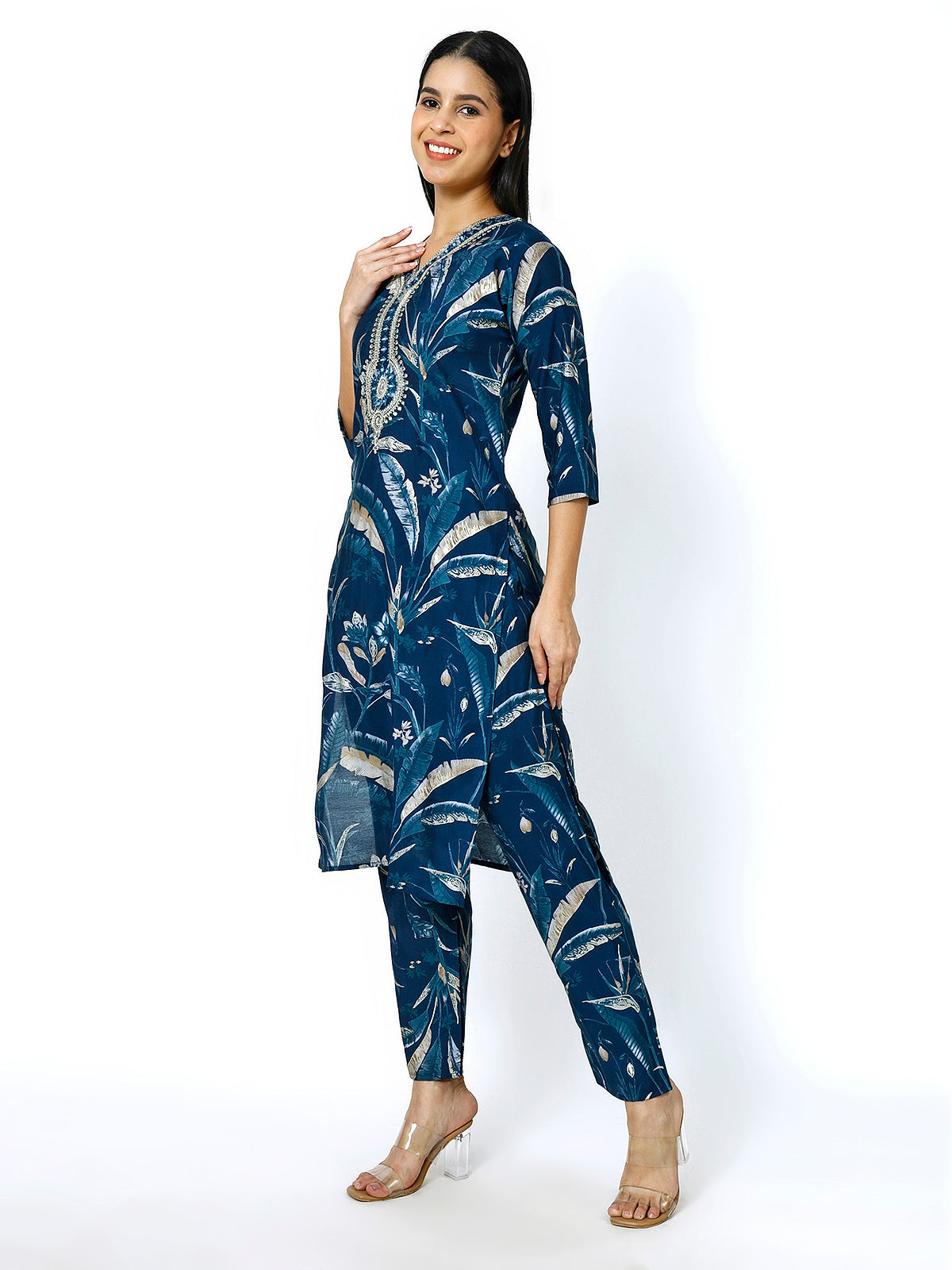 Women Embroidery Masleen Cotton Kurti Set Ethnic Printed Peacock Blue Color (Plus Size Available)