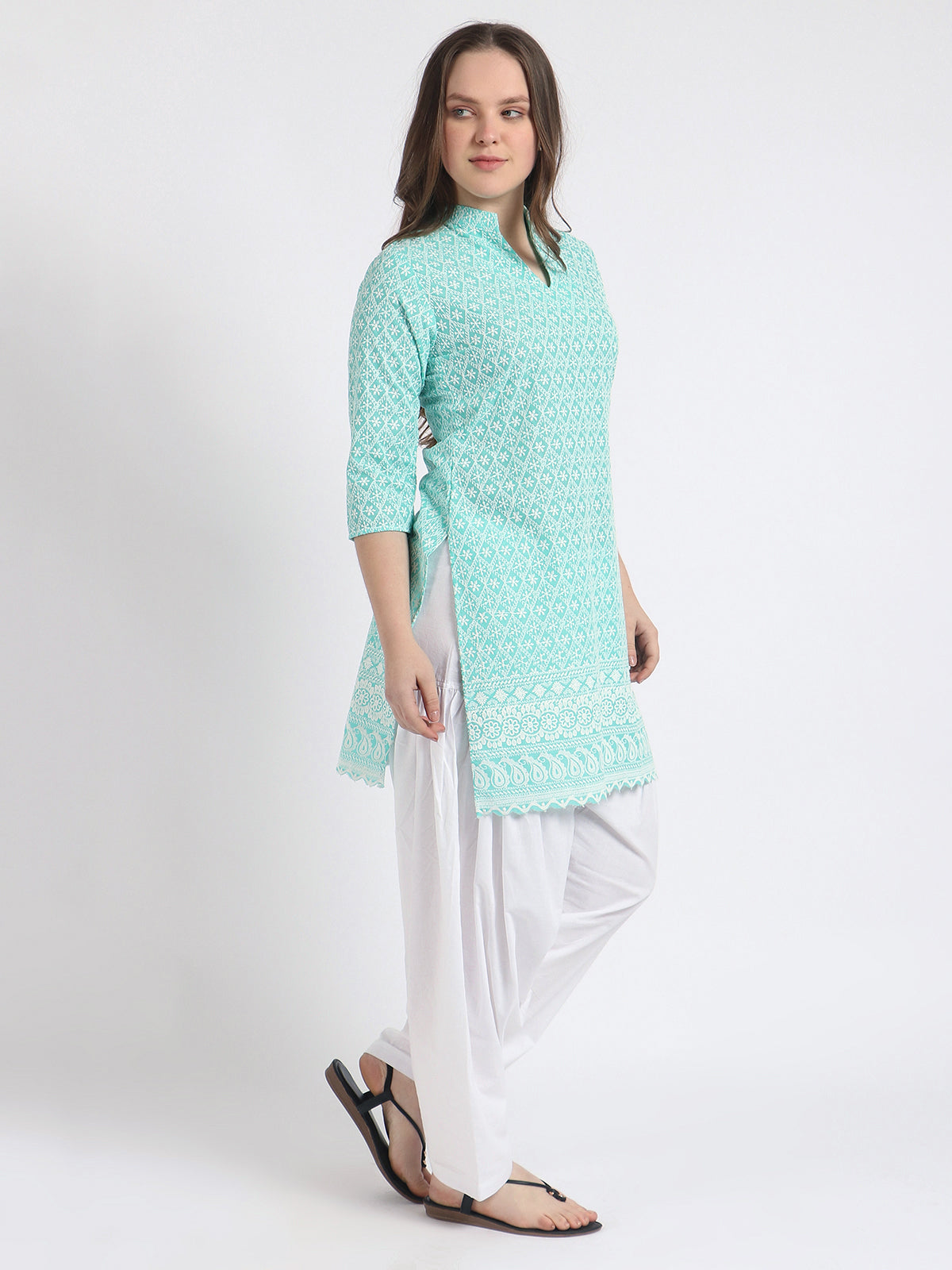 Women Chiken Embroidery Cotton Aqua Green Kurta and Salwar Set