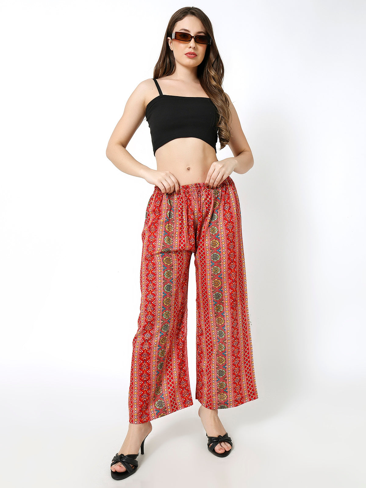 Rayon Printed Red Multi color palazzo free size