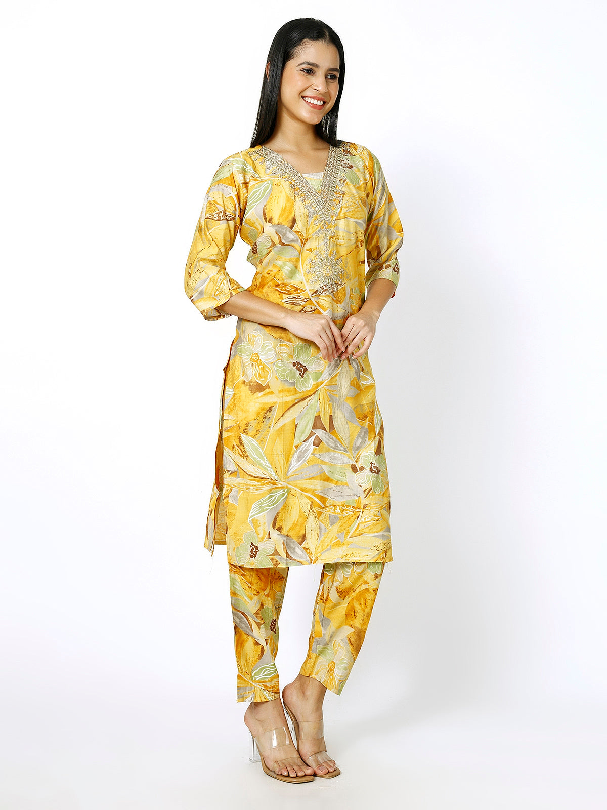 Women Embroidery Masleen Cotton Kurti Set Ethnic Printed Yellow Color (Plus Size Available)