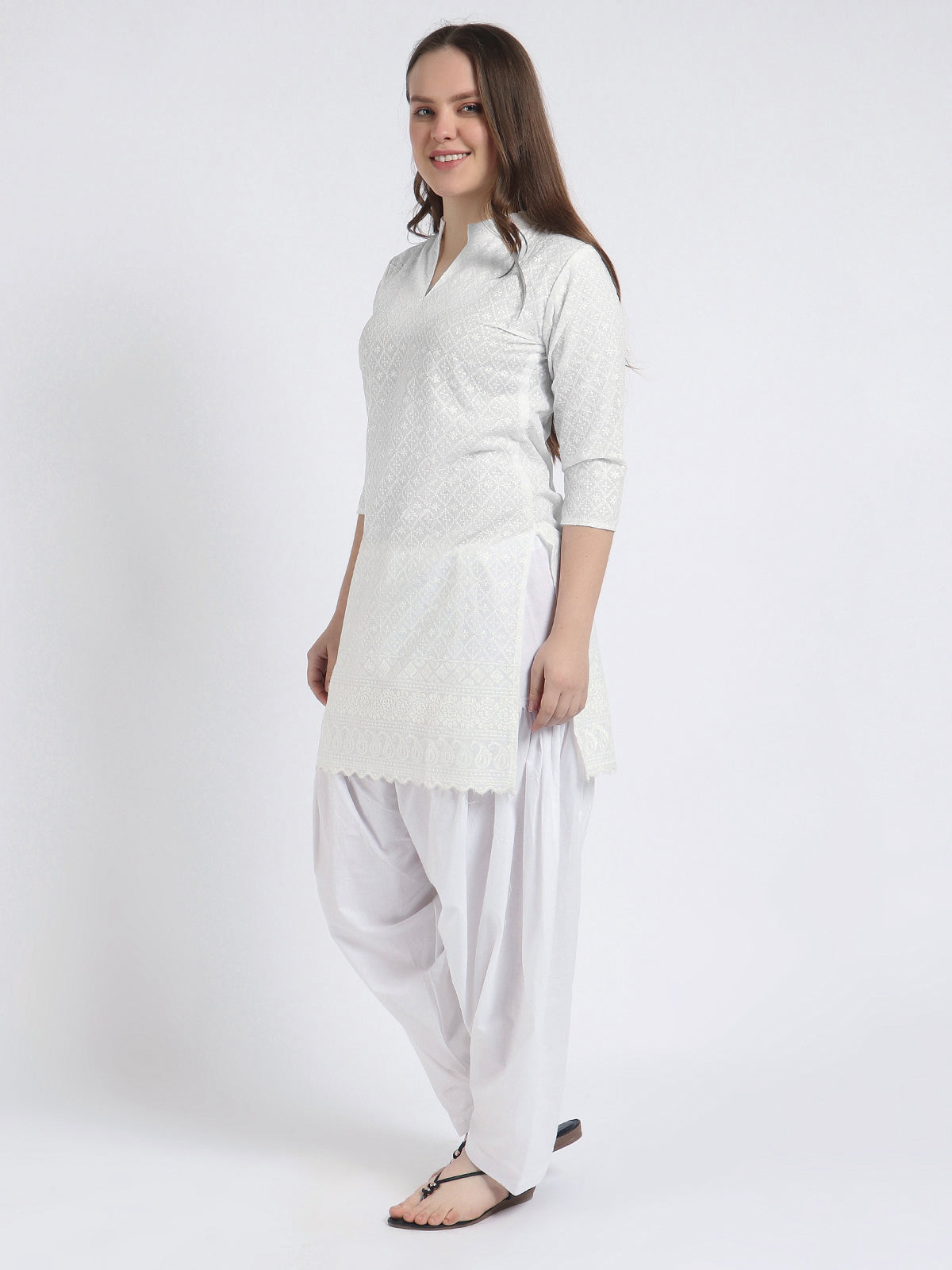 Women Chiken Embroidery Cotton White Kurta and Salwar Set