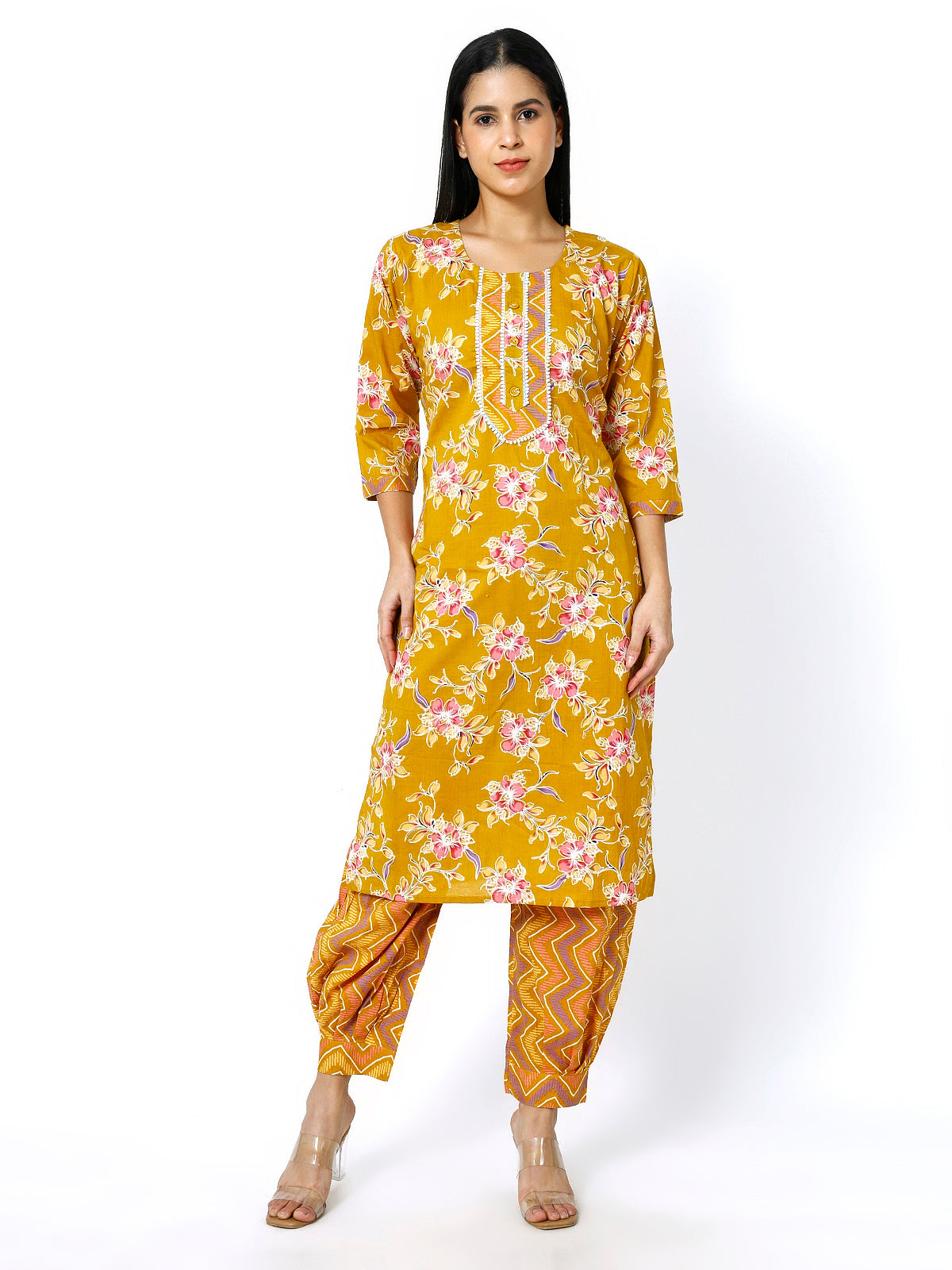 Women Mustard Cotton Floral Print Kurti Set (Plus Size Available)