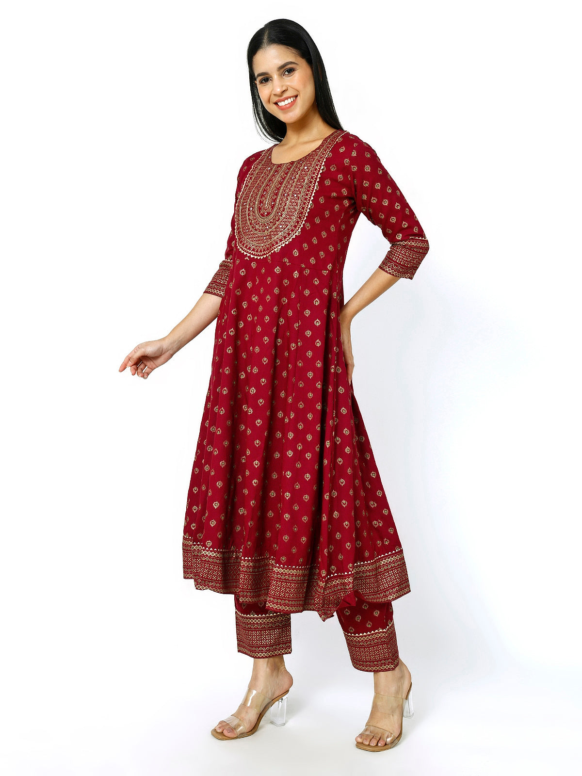 Women Maroon Floral Printed Round Neck Anarkali Kurta With Trousers & Dupatta (Plus Size Available) (Copy)