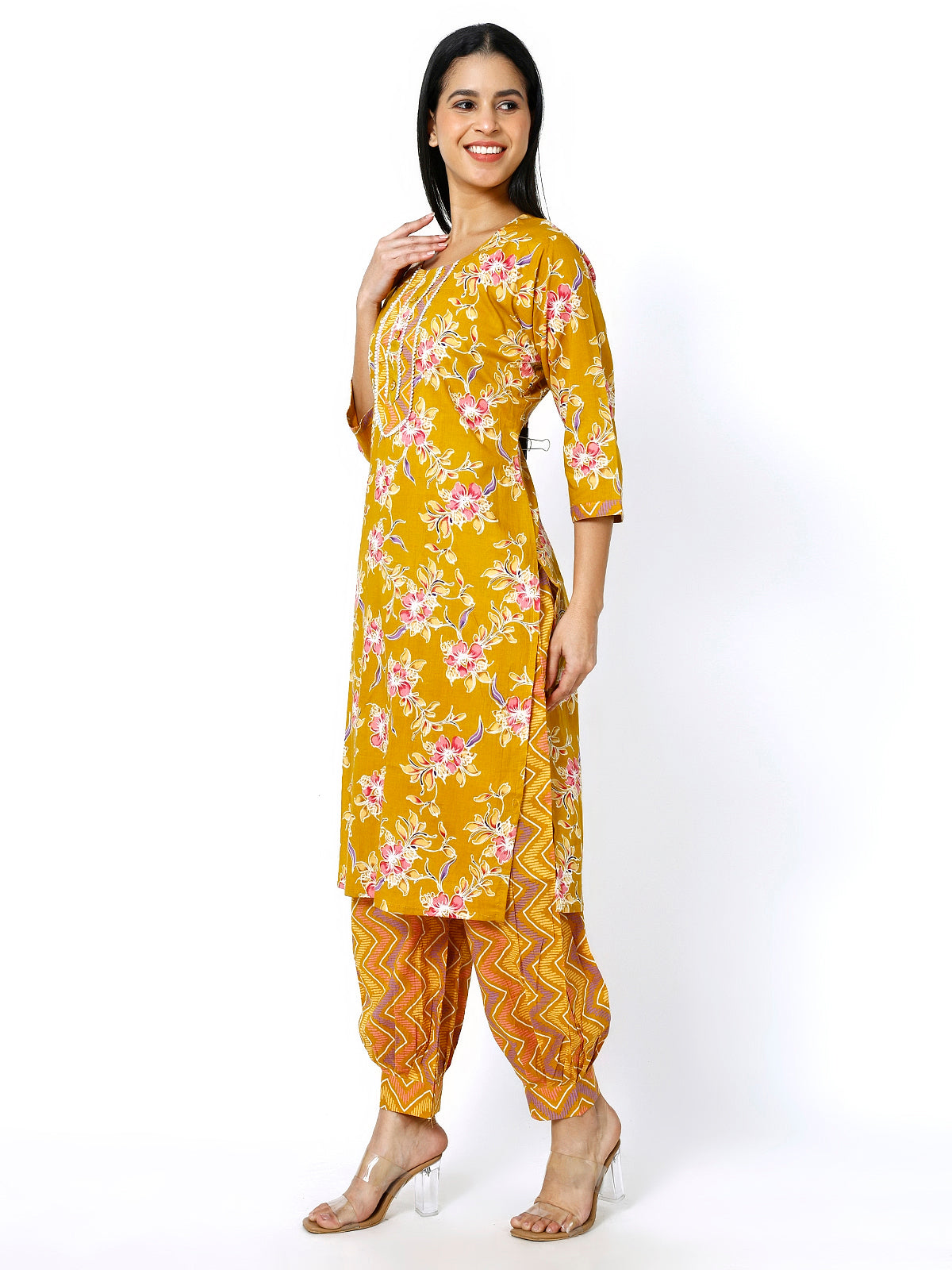 Women Mustard Cotton Floral Print Kurti Set (Plus Size Available)