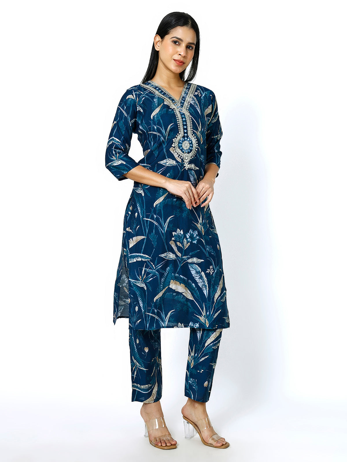 Women Embroidery Masleen Cotton Kurti Set Ethnic Printed Peacock Blue Color (Plus Size Available)