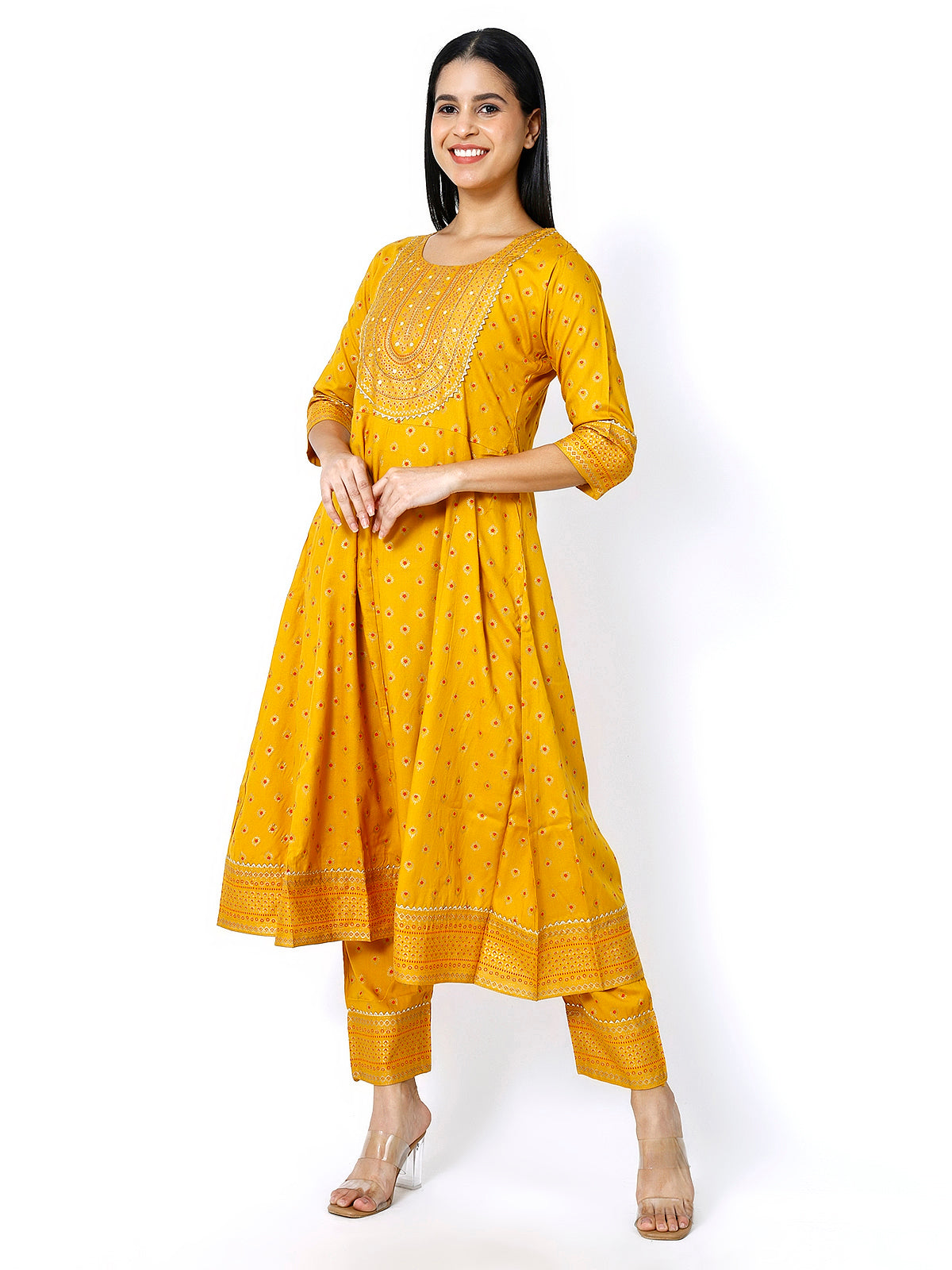 Women Mustard Floral Printed Round Neck Anarkali Kurta With Trousers & Dupatta (Plus Size Available)