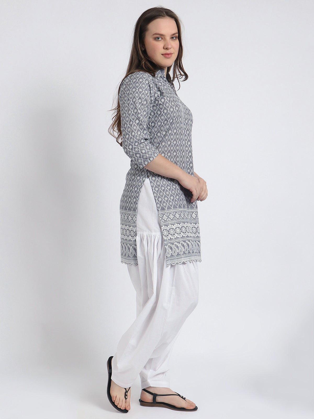Women Chiken Embroidery Cotton Grey Kurta and Salwar Set