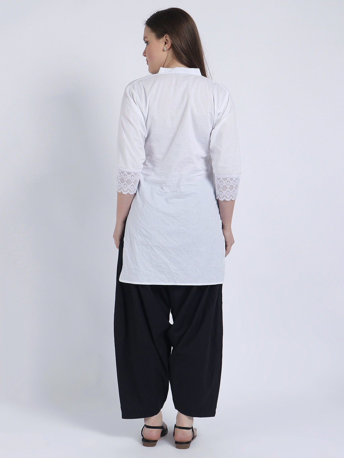 Women Solid White Kurta and Black Salwar Set Pure Cotton