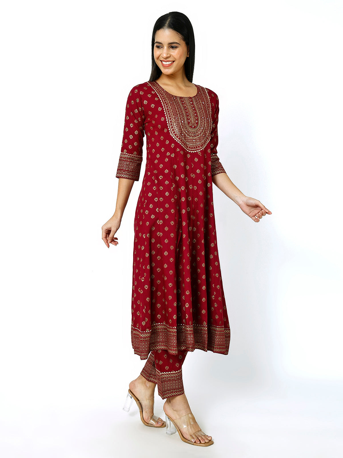 Women Maroon Floral Printed Round Neck Anarkali Kurta With Trousers & Dupatta (Plus Size Available) (Copy)