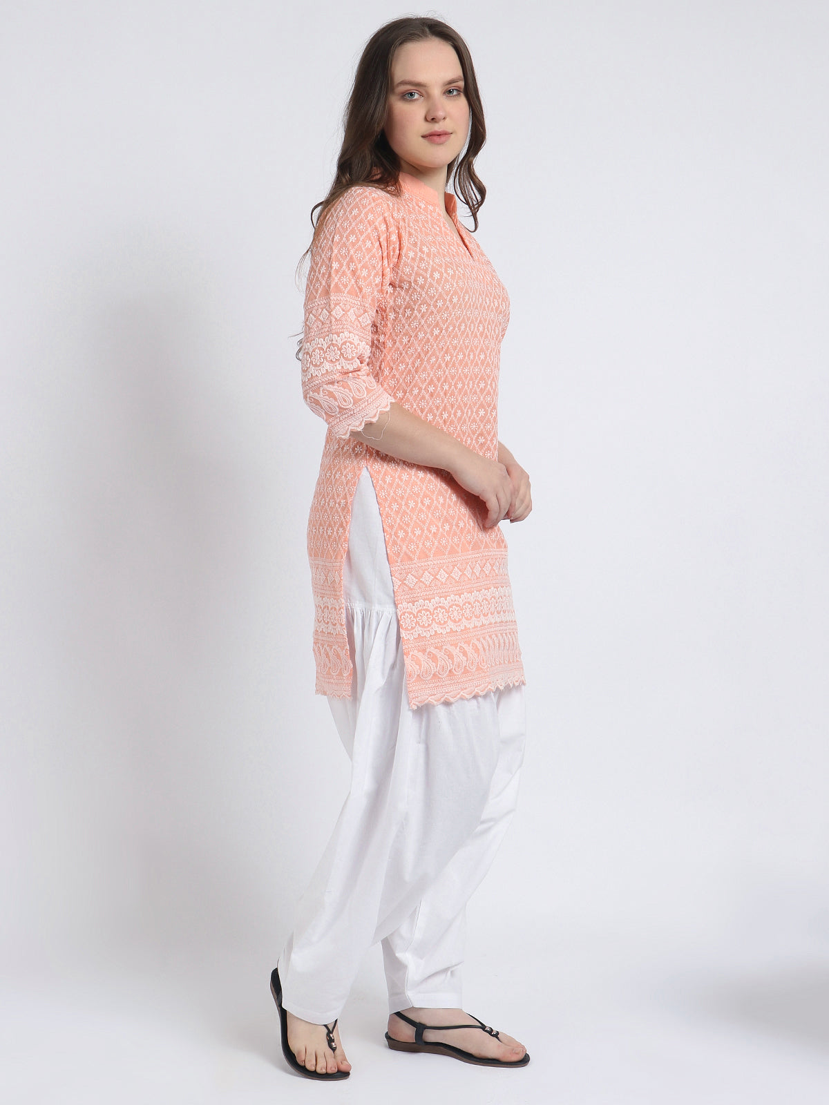 Women Chiken Embroidery Cotton Peach Kurta and Salwar Set