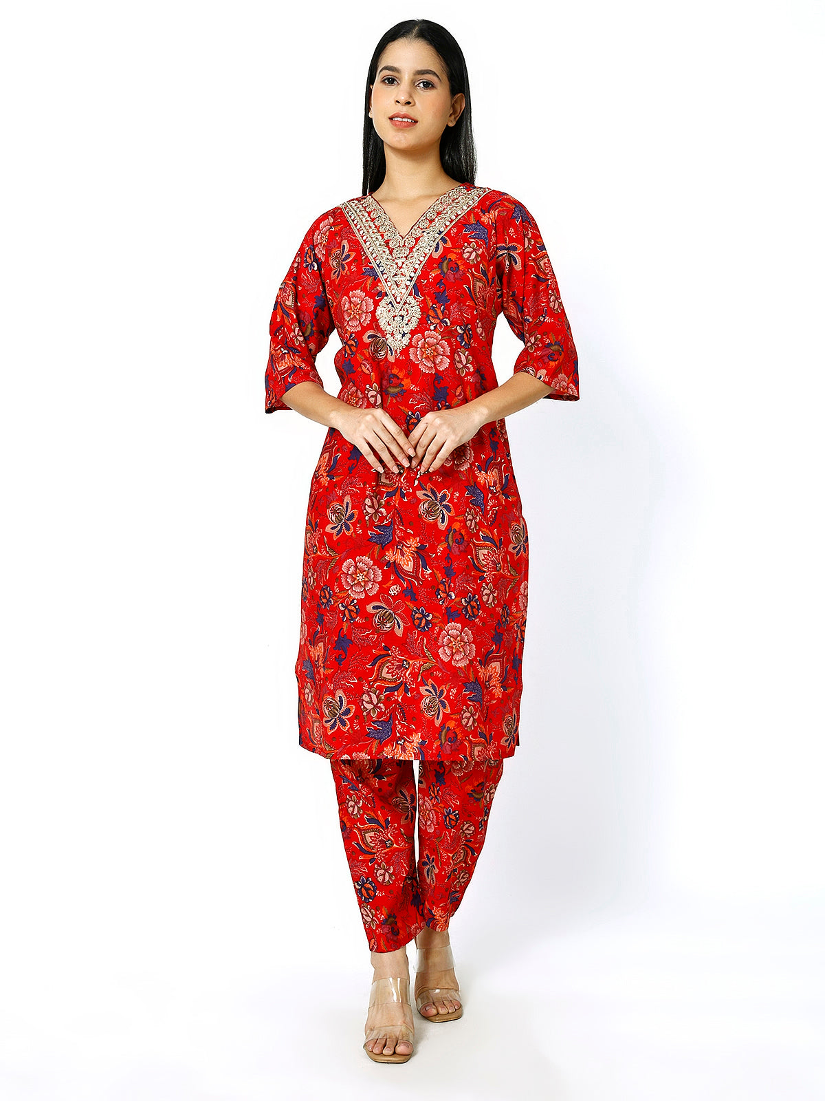Women Embroidery Masleen Cotton Kurti Set Ethnic Printed RED Color (Plus Size Available)