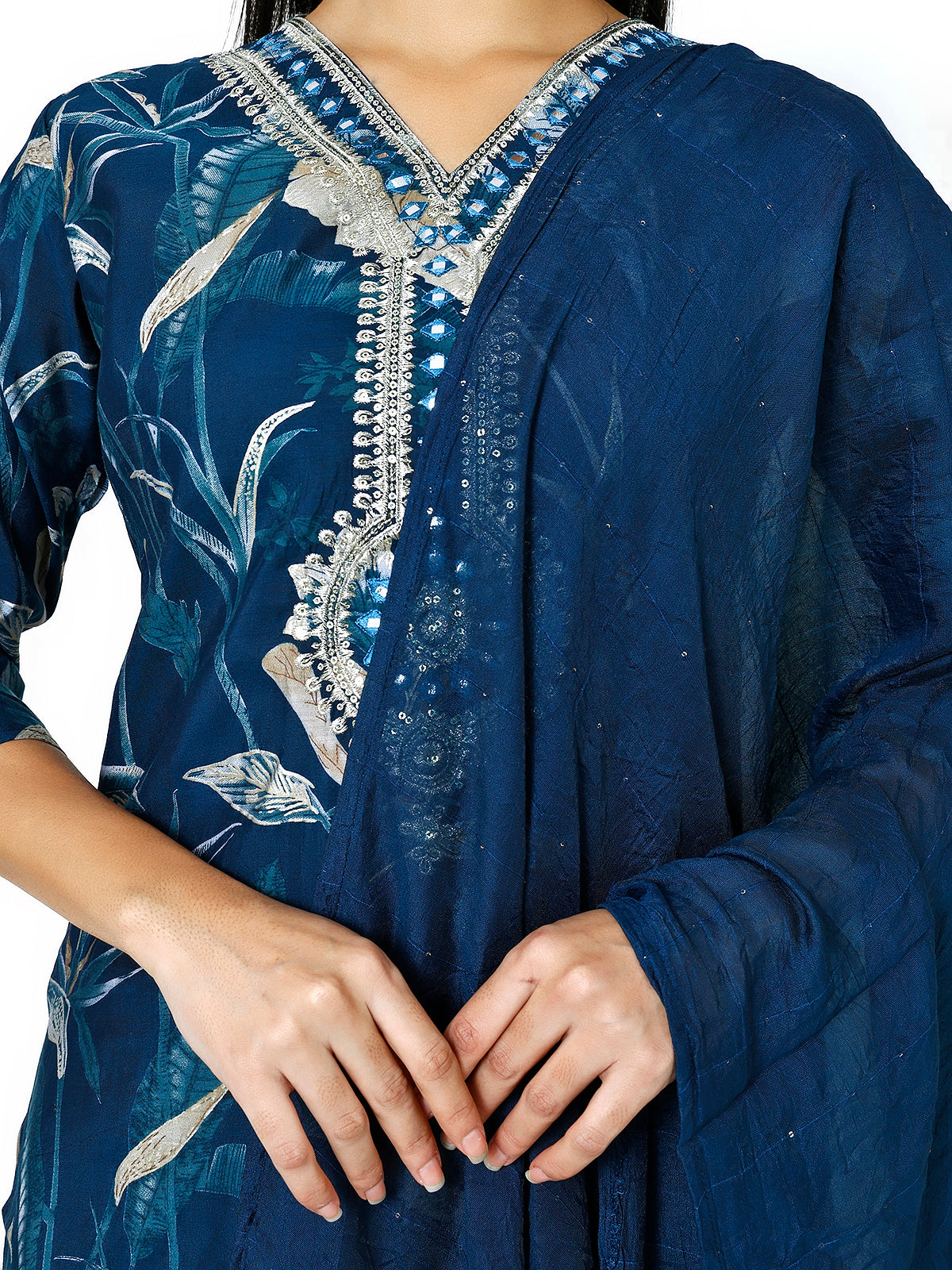 Women Embroidery Masleen Cotton Kurti Set Ethnic Printed Peacock Blue Color (Plus Size Available)