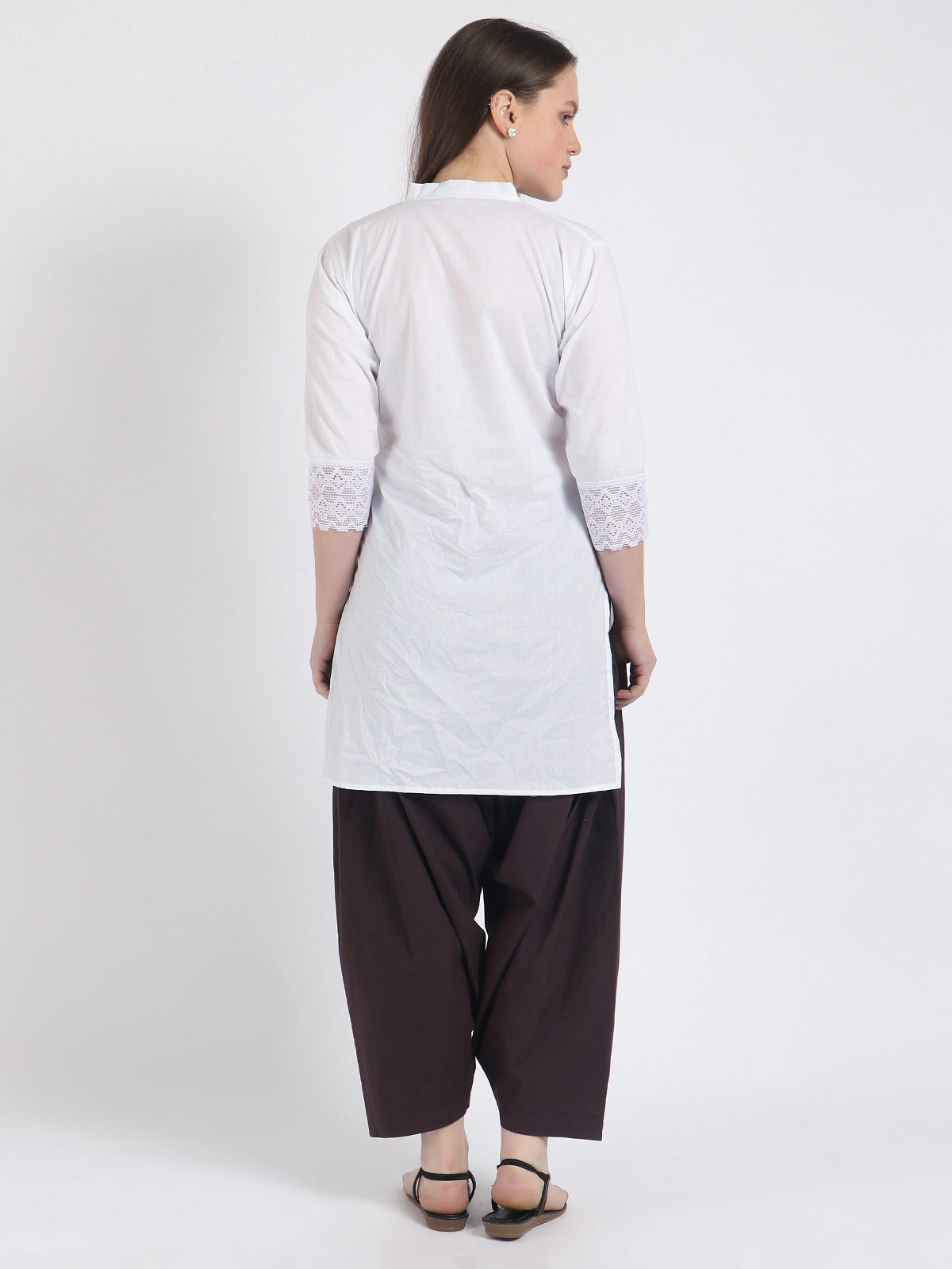 Women Solid White Kurta and Brown Salwar Set Pure Cotton
