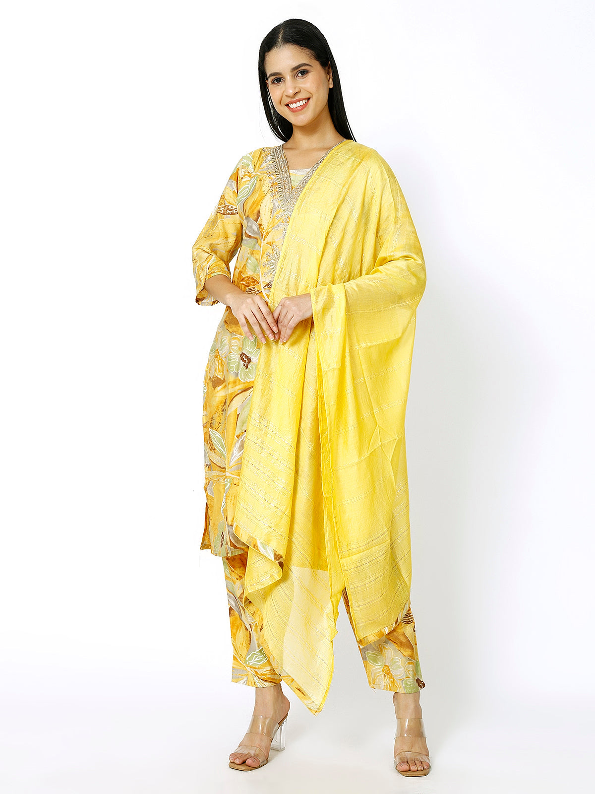 Women Embroidery Masleen Cotton Kurti Set Ethnic Printed Yellow Color (Plus Size Available)