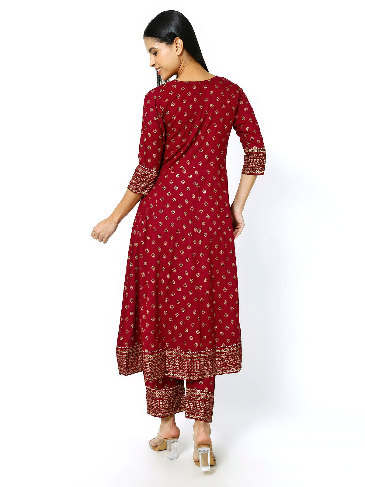 Women Maroon Floral Printed Round Neck Anarkali Kurta With Trousers & Dupatta (Plus Size Available) (Copy)