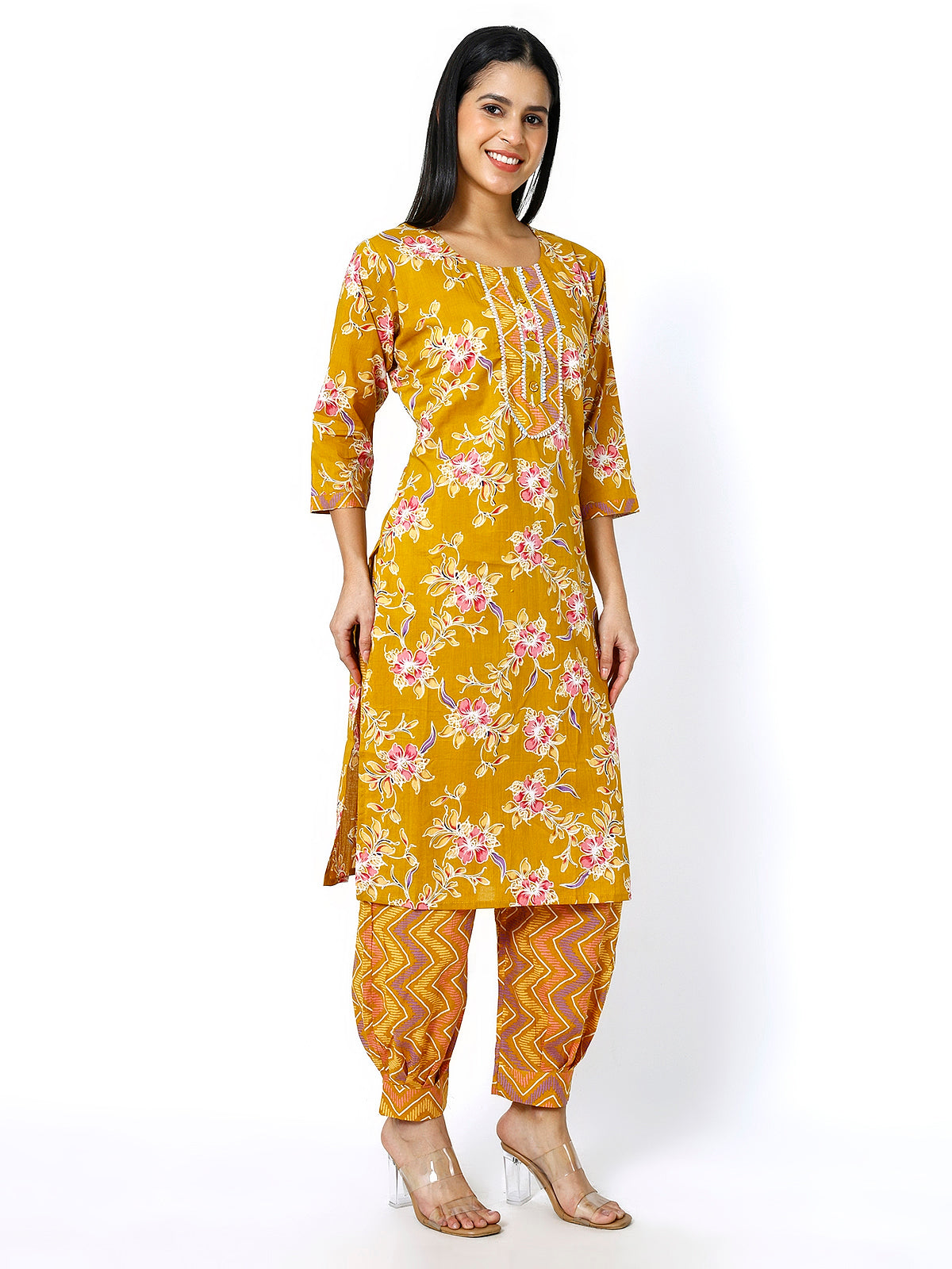 Women Mustard Cotton Floral Print Kurti Set (Plus Size Available)