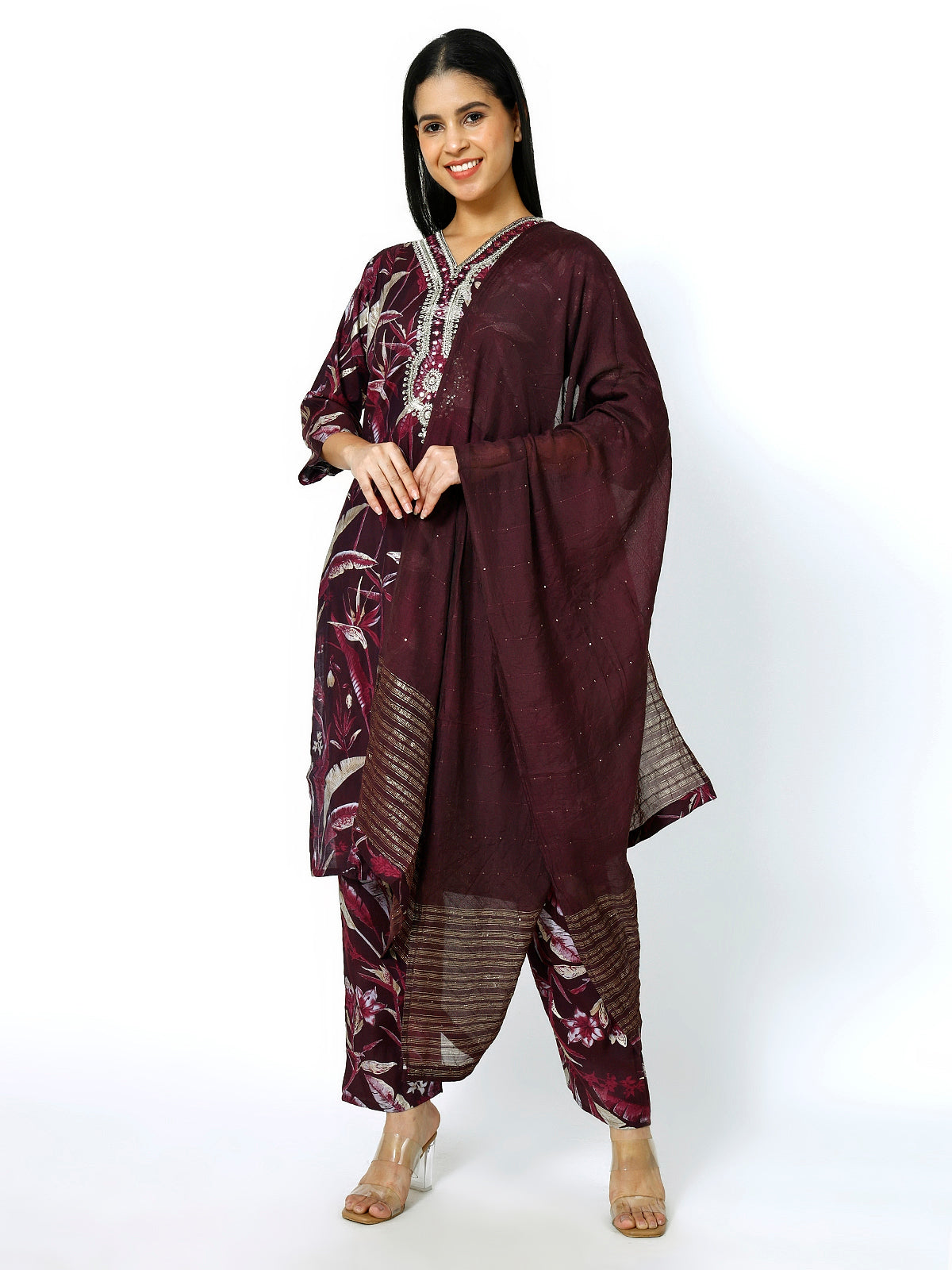Women Embroidery Masleen Cotton Kurti Set Ethnic Printed Maroon Color (Plus Size Available)