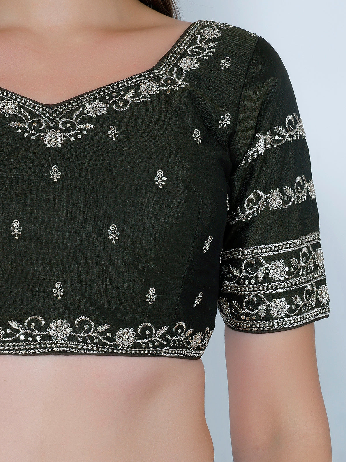 booty work Dark Mehandi Cotton Silk Blouse