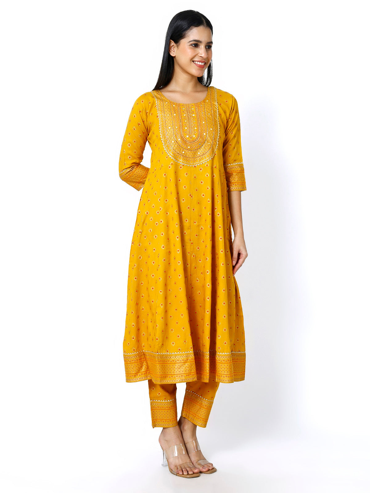 Women Mustard Floral Printed Round Neck Anarkali Kurta With Trousers & Dupatta (Plus Size Available)