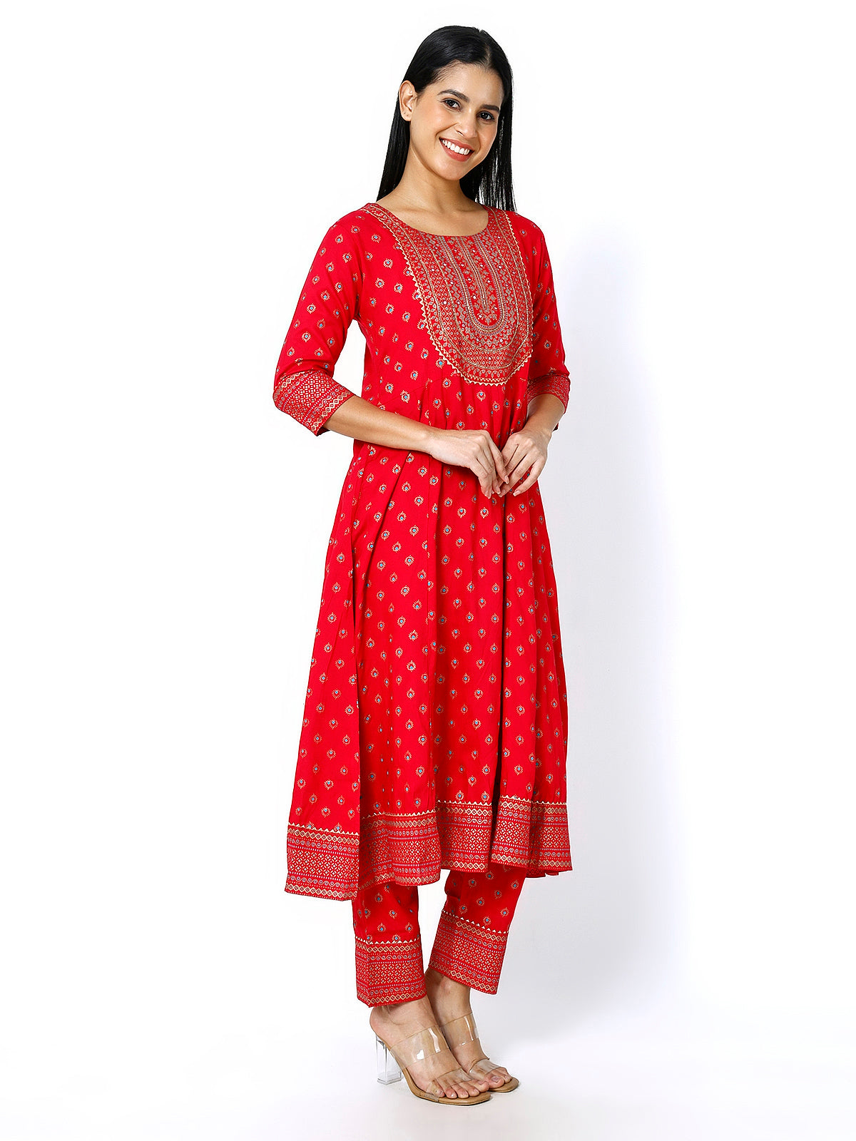 Women Red Floral Printed Round Neck Anarkali Kurta With Trousers & Dupatta (Plus Size Available)