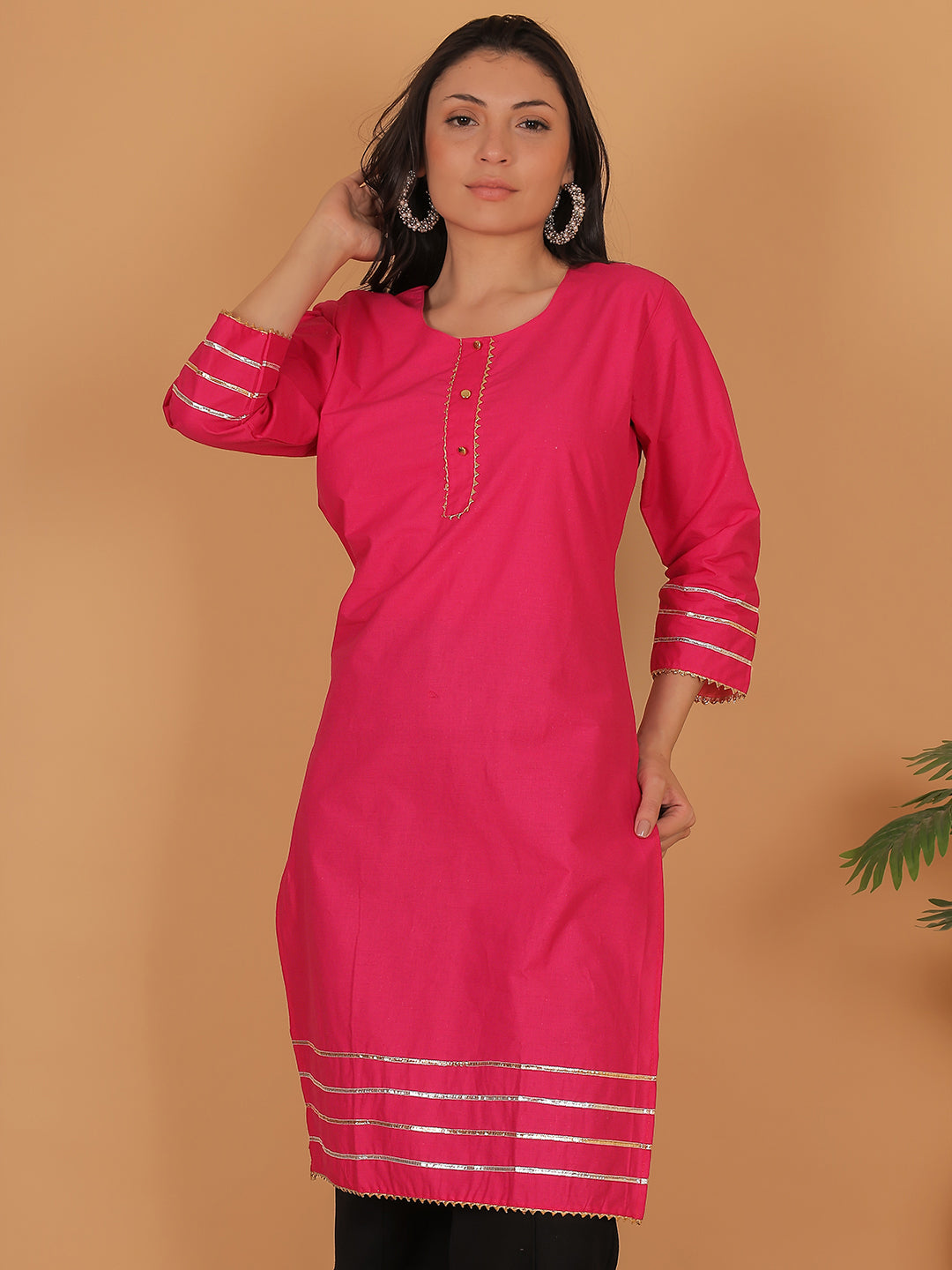 Women Pink Cotton Straight Kurti with Golden Detailing