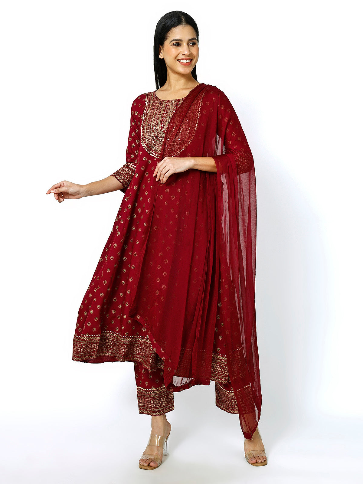 Women Maroon Floral Printed Round Neck Anarkali Kurta With Trousers & Dupatta (Plus Size Available) (Copy)