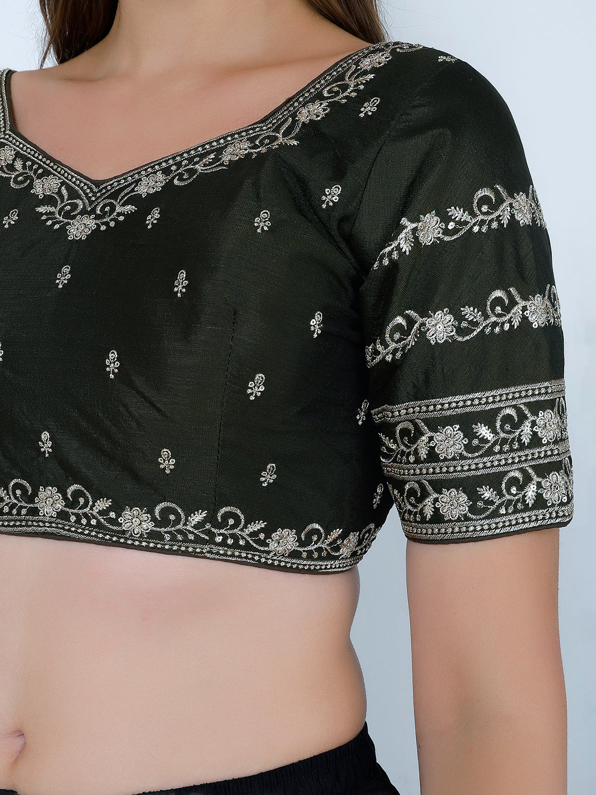 booty work Dark Mehandi Cotton Silk Blouse