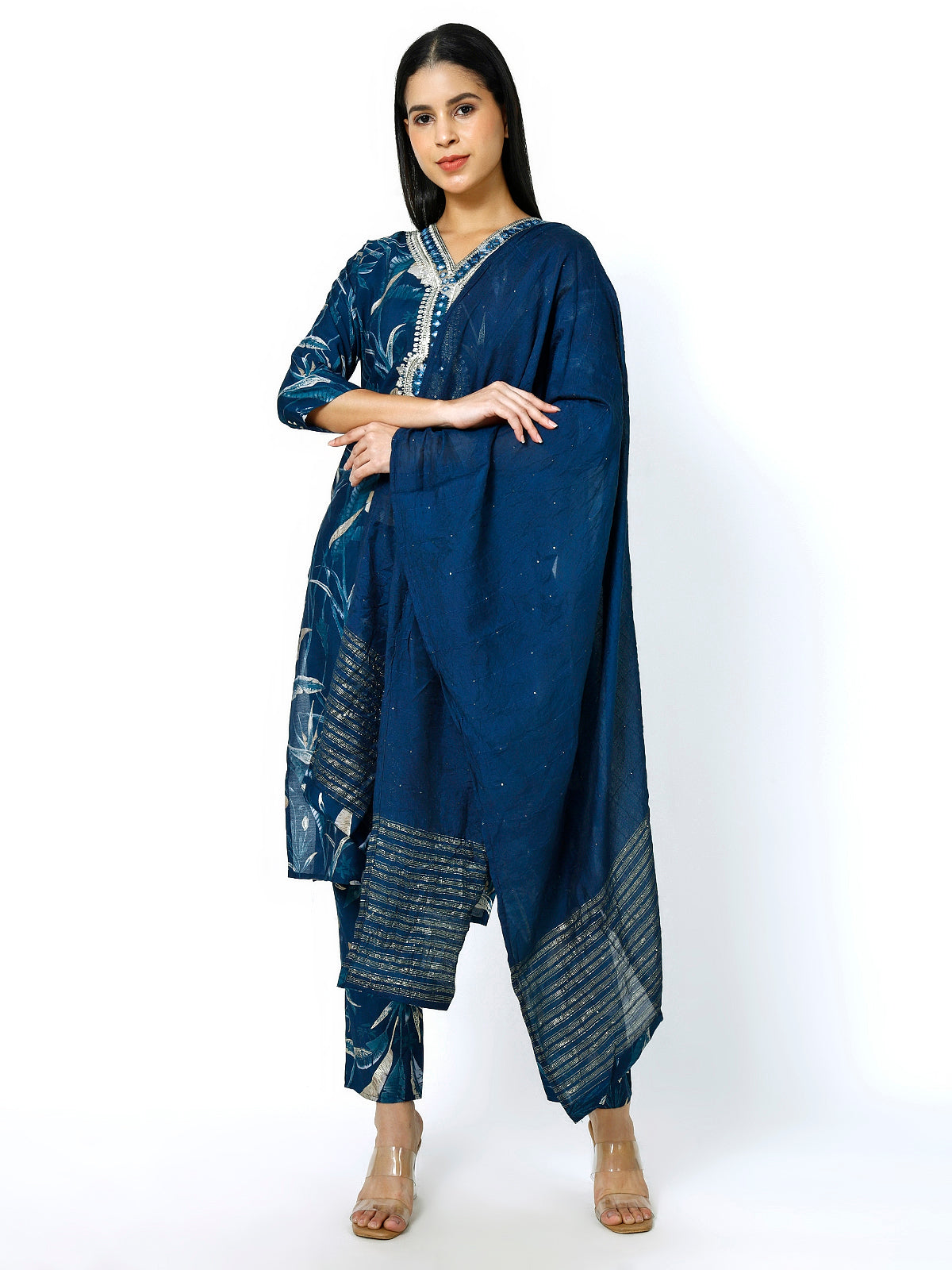 Women Embroidery Masleen Cotton Kurti Set Ethnic Printed Peacock Blue Color (Plus Size Available)