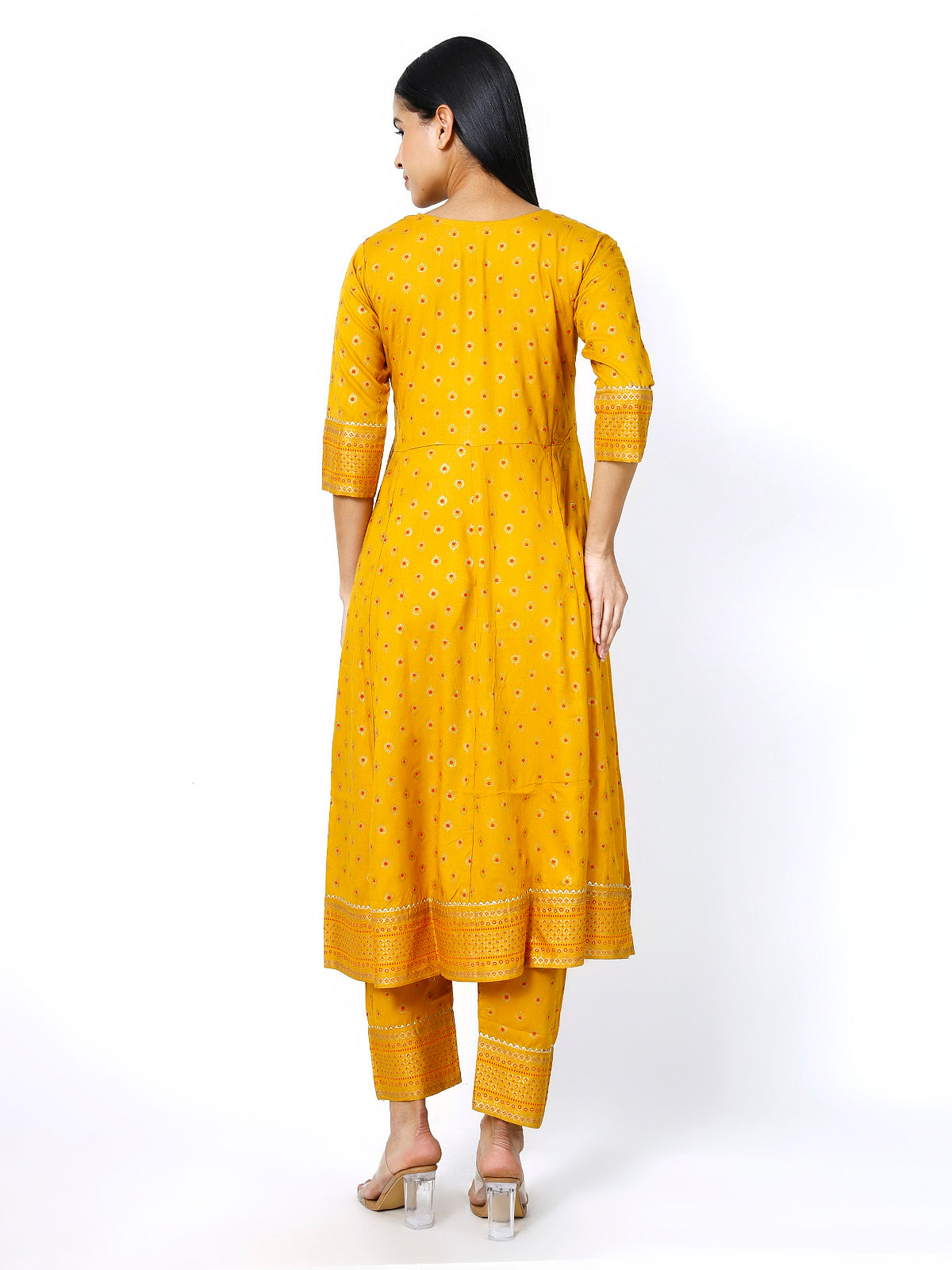Women Mustard Floral Printed Round Neck Anarkali Kurta With Trousers & Dupatta (Plus Size Available)