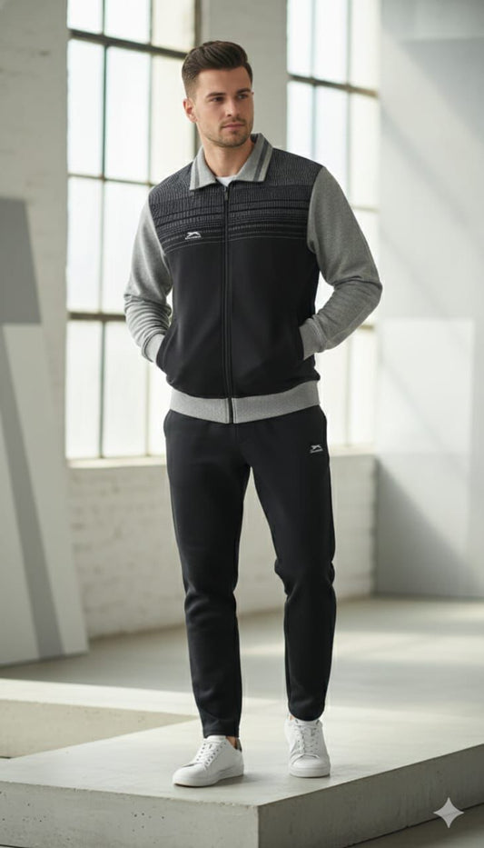 Shiv Naresh Men’s Black and Grey Premium Winter Woolen Tracksuit | Contrast Sleeve Sports Jacket & Jogger Set | Fleece-Lined Warm Fitness Wear