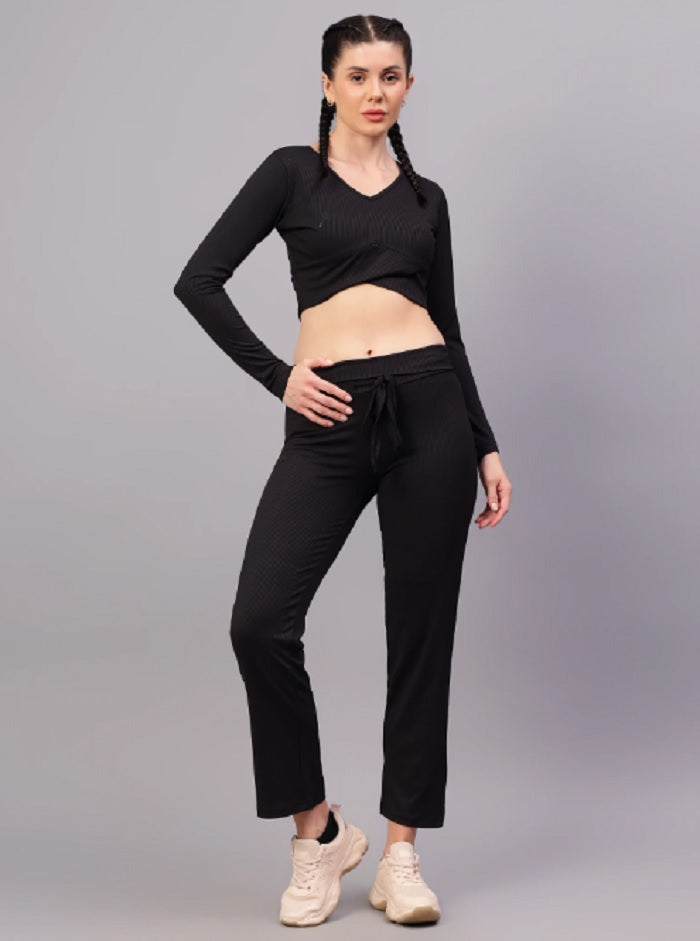 Shiv Naresh Women Black Ribbed Full Sleeves Crop Top with Straight Fit Lounge Pants Co-ord Set