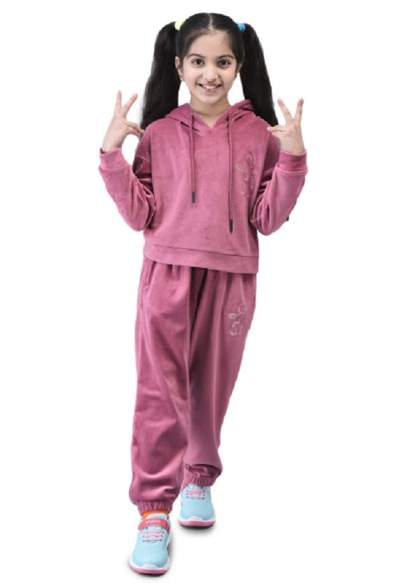 Shiv Naresh Girls Dusty Pink Velour Super Soft Hooded Tracksuit