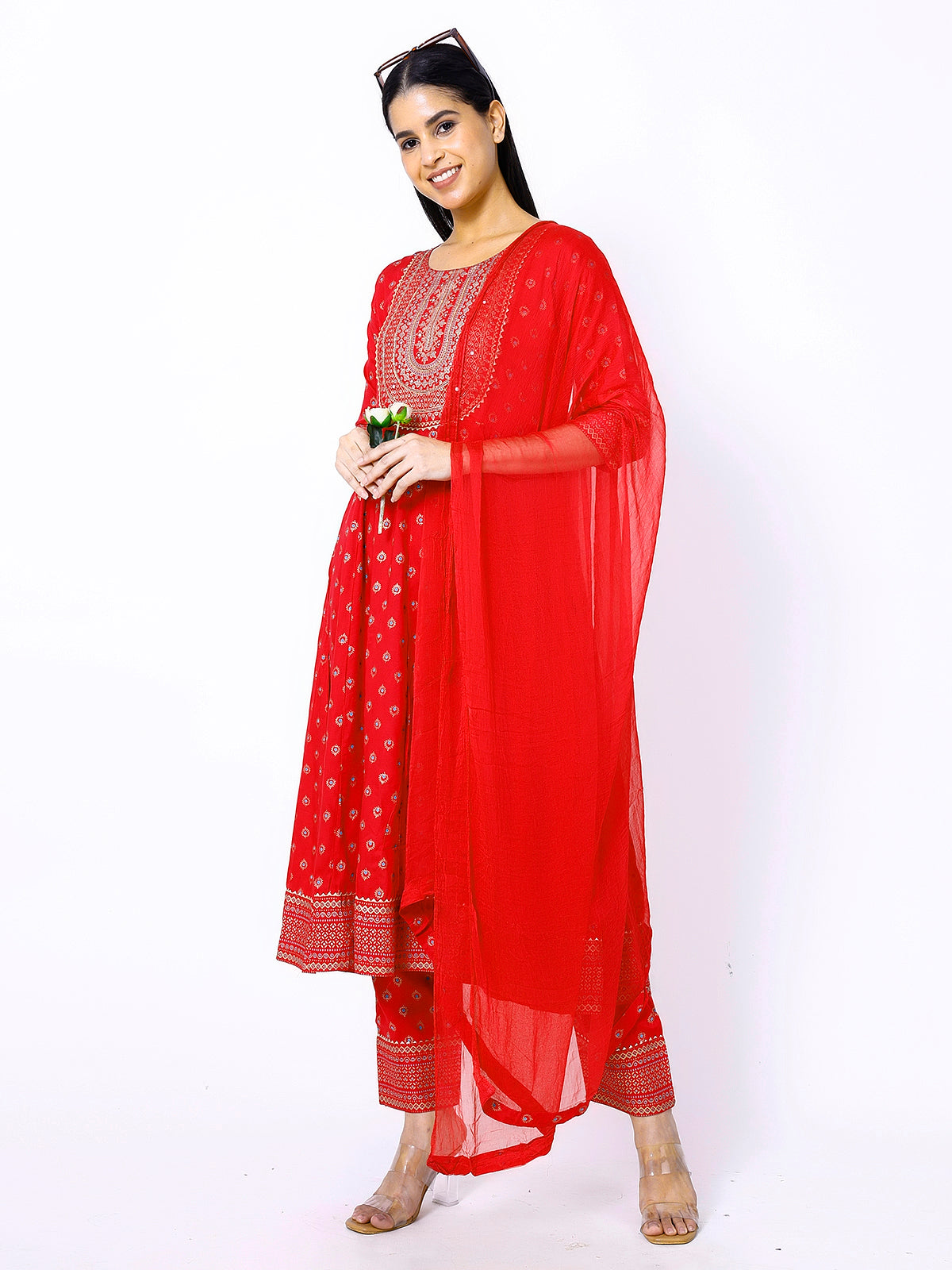 Women Red Floral Printed Round Neck Anarkali Kurta With Trousers & Dupatta (Plus Size Available)