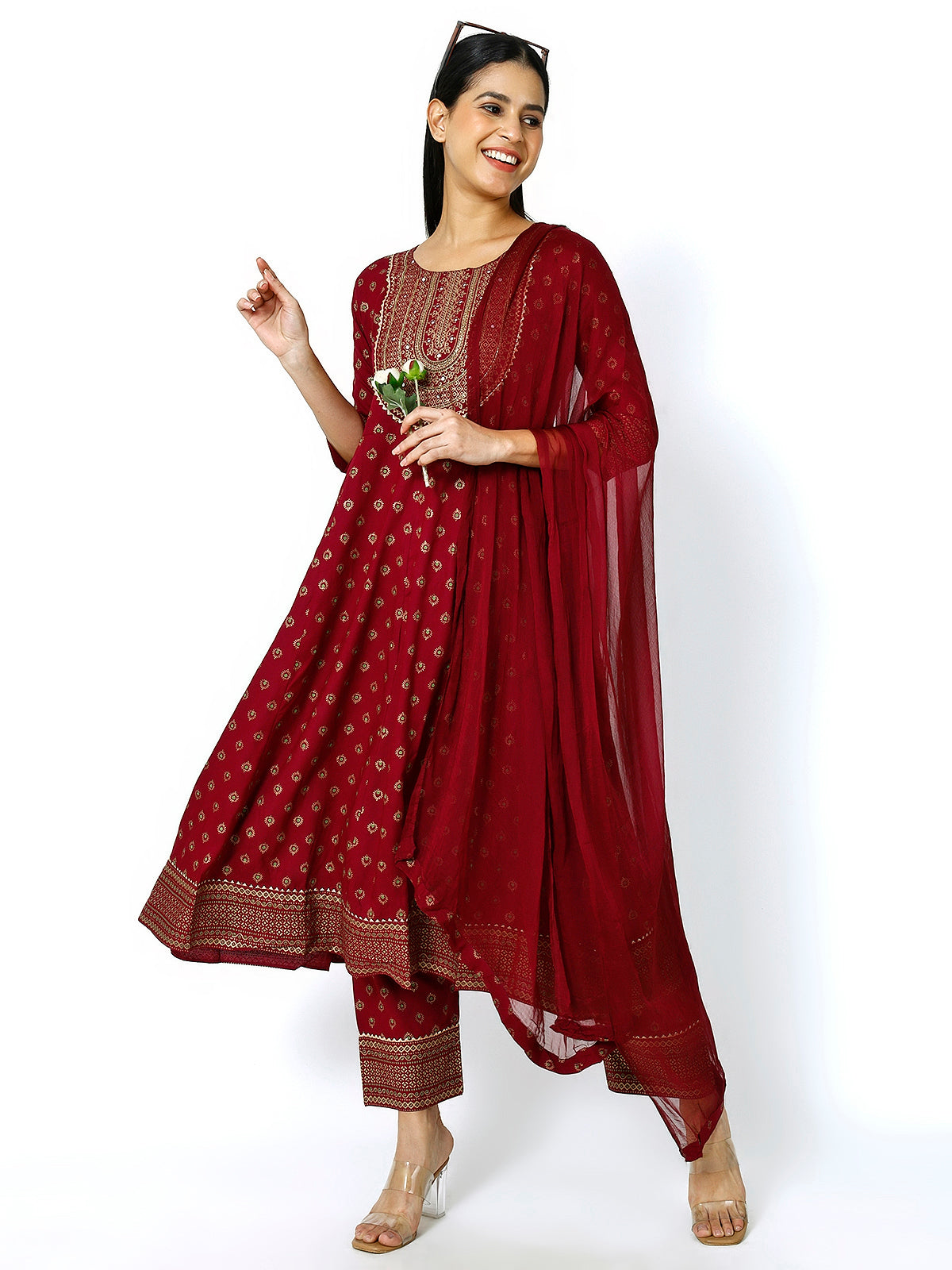 Women Maroon Floral Printed Round Neck Anarkali Kurta With Trousers & Dupatta (Plus Size Available) (Copy)