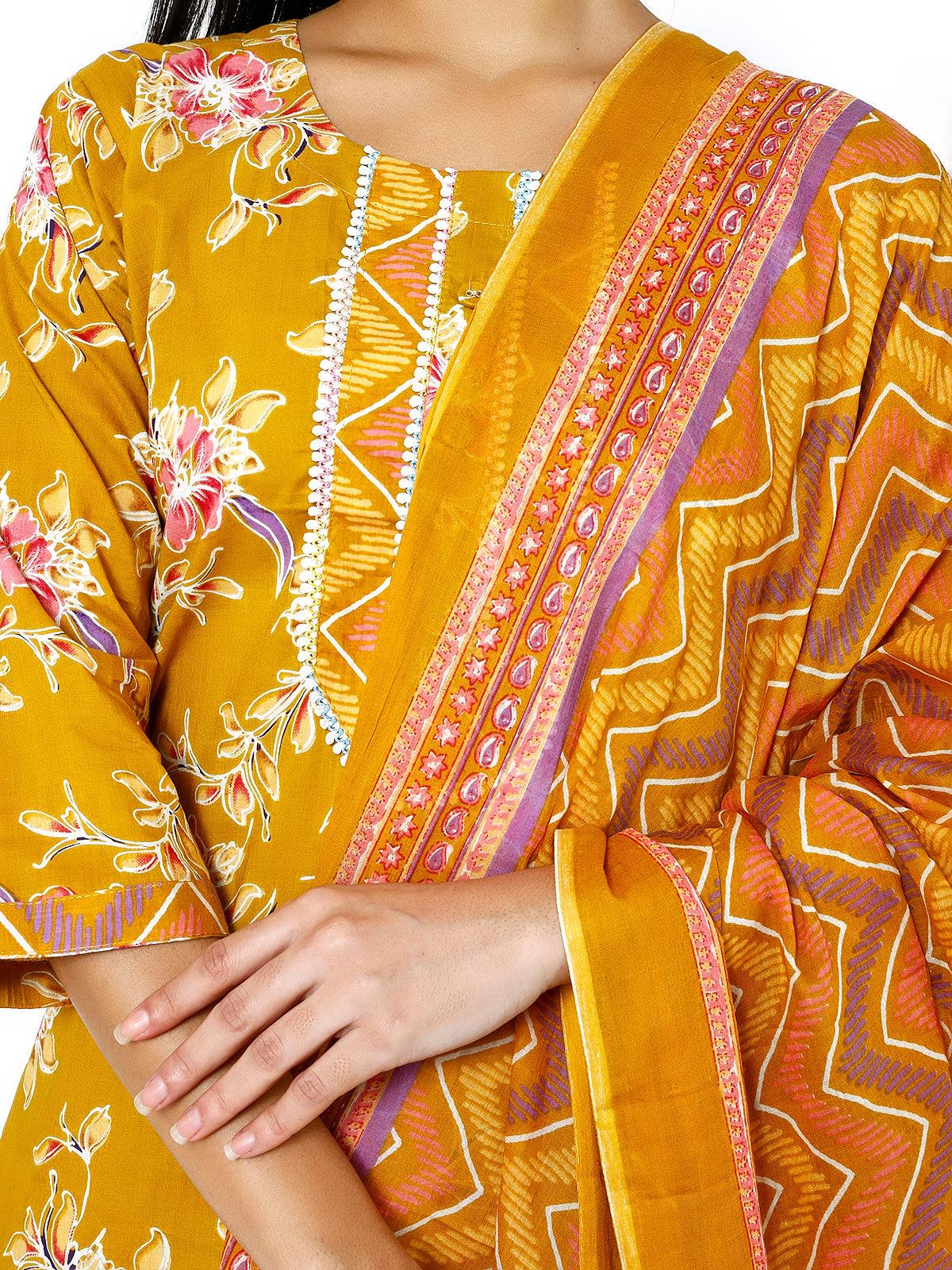 Women Mustard Cotton Floral Print Kurti Set (Plus Size Available)