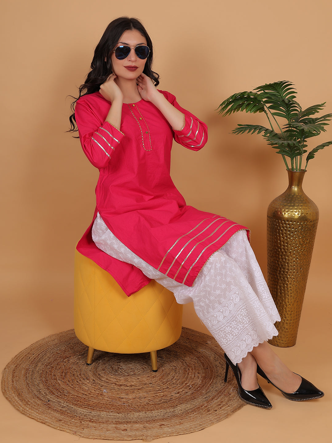 Women Elegant Rani Pink Cotton Kurti & White Embroidered Palazzo Set