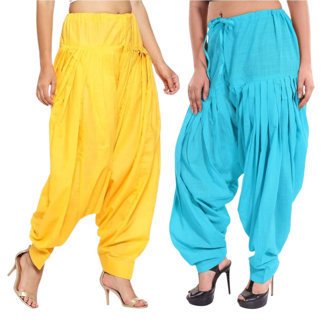 Women & Girl's Ethnic Premium Pleated Patiala Salwar in Yellow & Sky Blue-Pack of 2